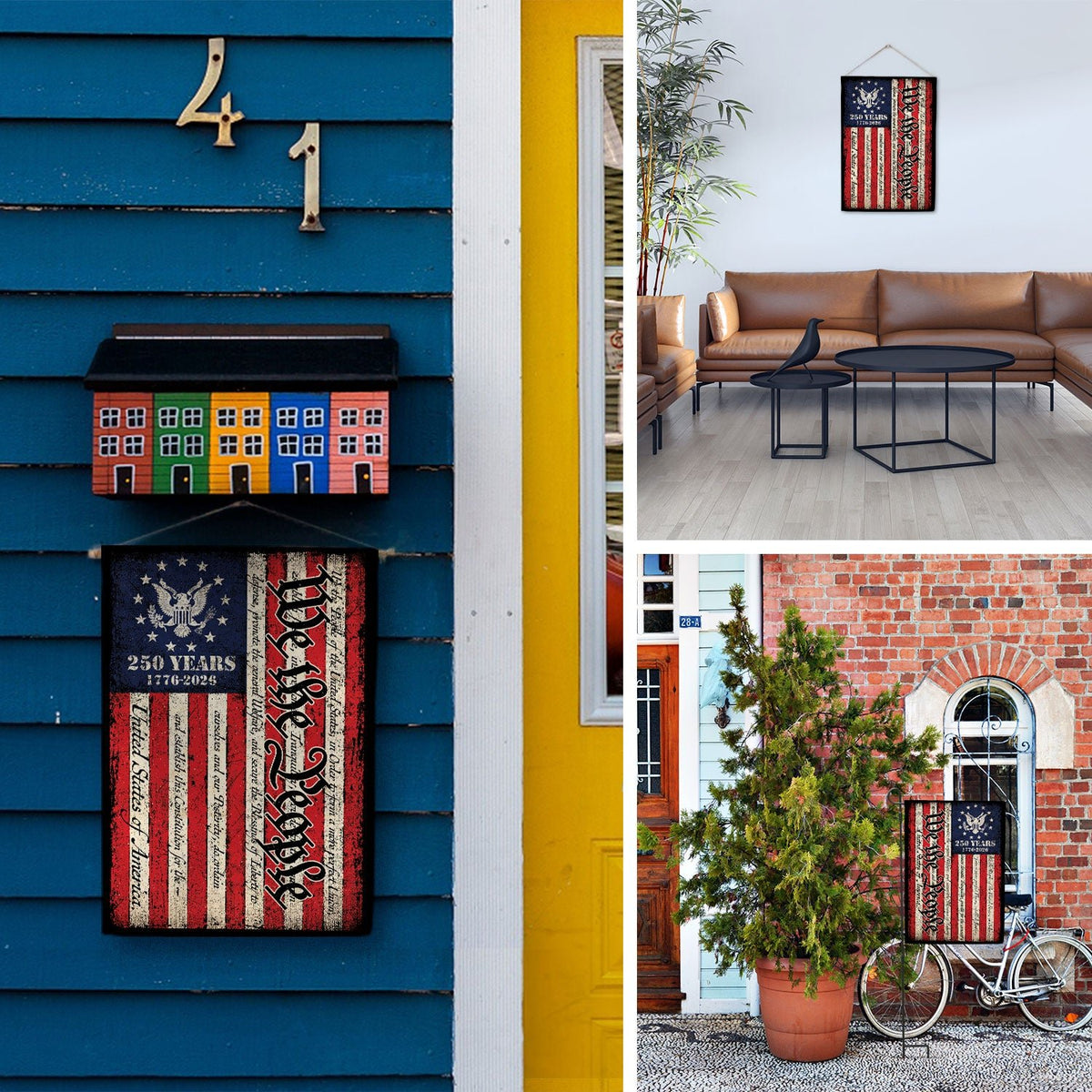250th Anniversary United States House Flag - Constitution Script Patriotic Home Banner - Rust Field Wear