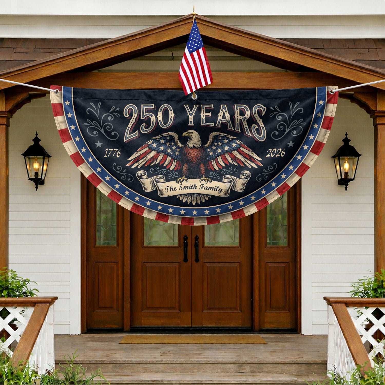 250 Years 1776-2026 Patriotic Fence Flag - Custom Family Name Eagle Outdoor Banner