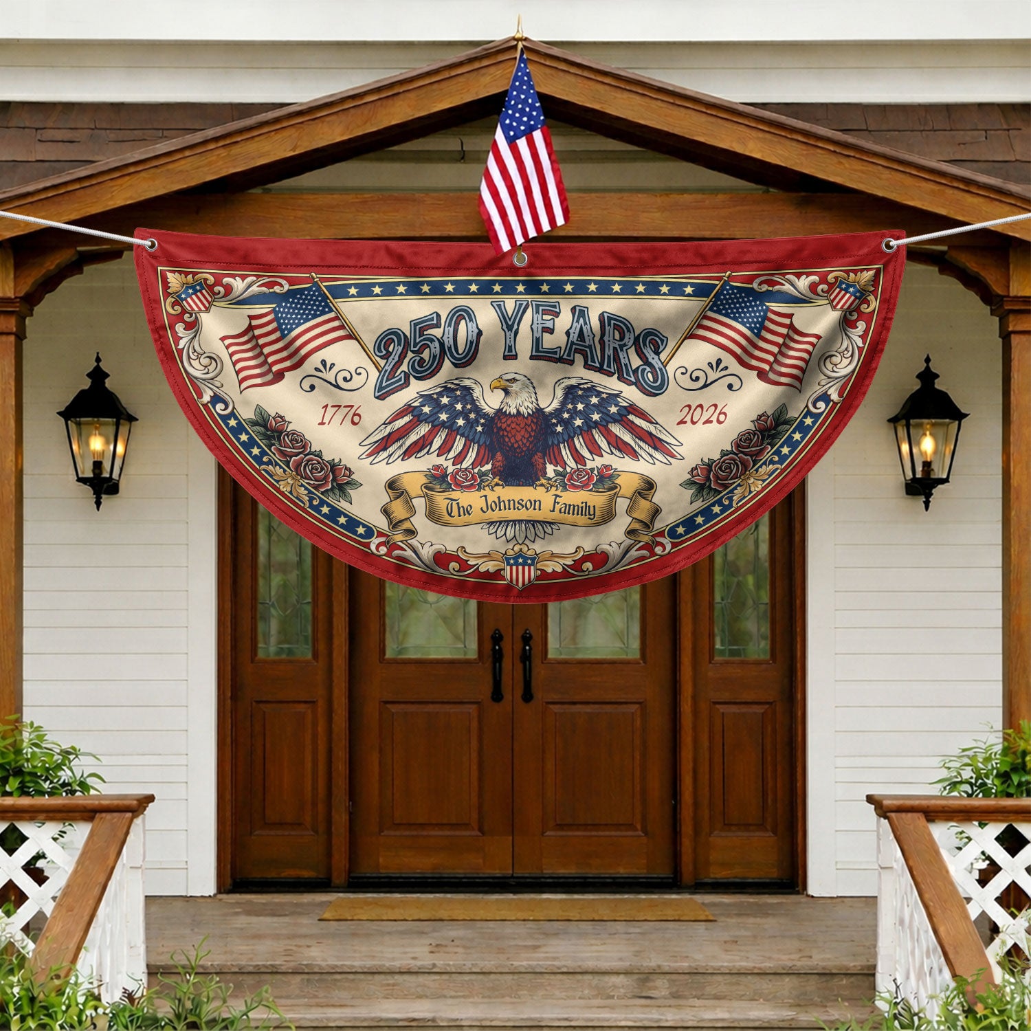250 Years 1776-2026 American Anniversary Fence Flag - Custom Family Name Patriot Bunting
