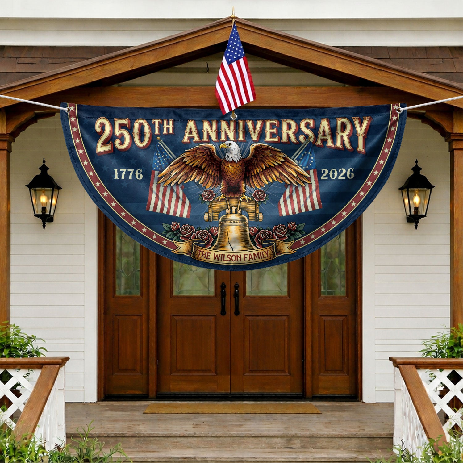 250th Anniversary 1776-2026 Liberty Bell Custom Family Name Patriot Fence Flag Banner