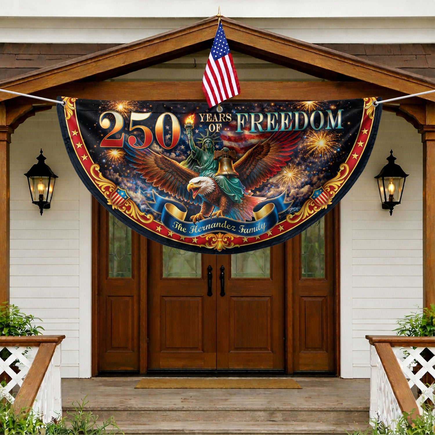 250 Years of Freedom Custom Family Name Patriot Fence Flag - Outdoor Bunting Banner