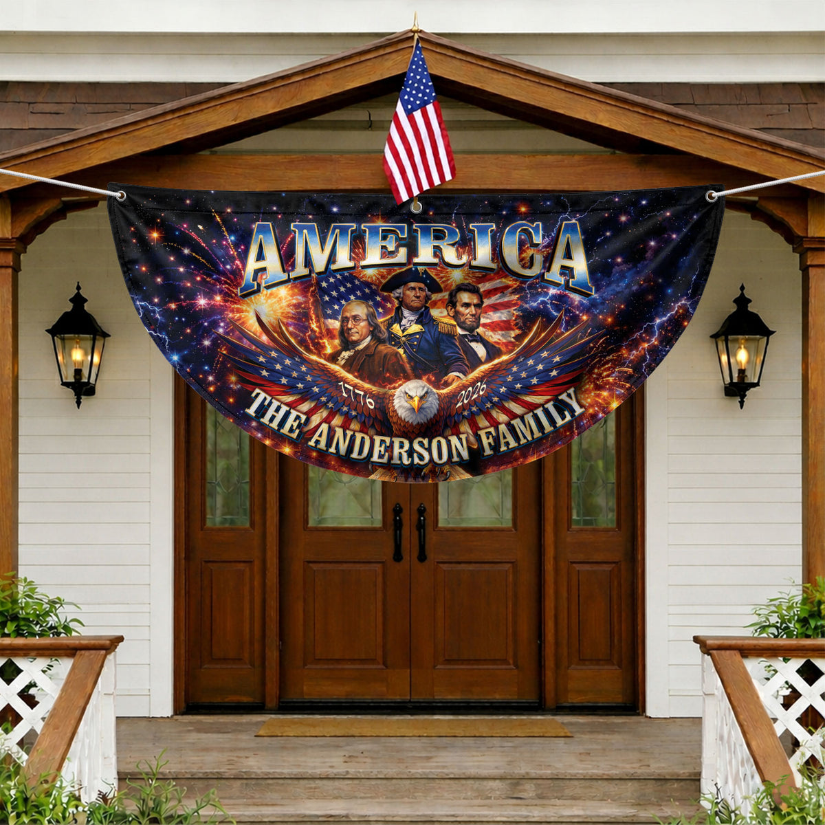 Custom Family Name America 1776-2026 Historical Founding Fathers Patriot Fence Flag - Rust Field Wear