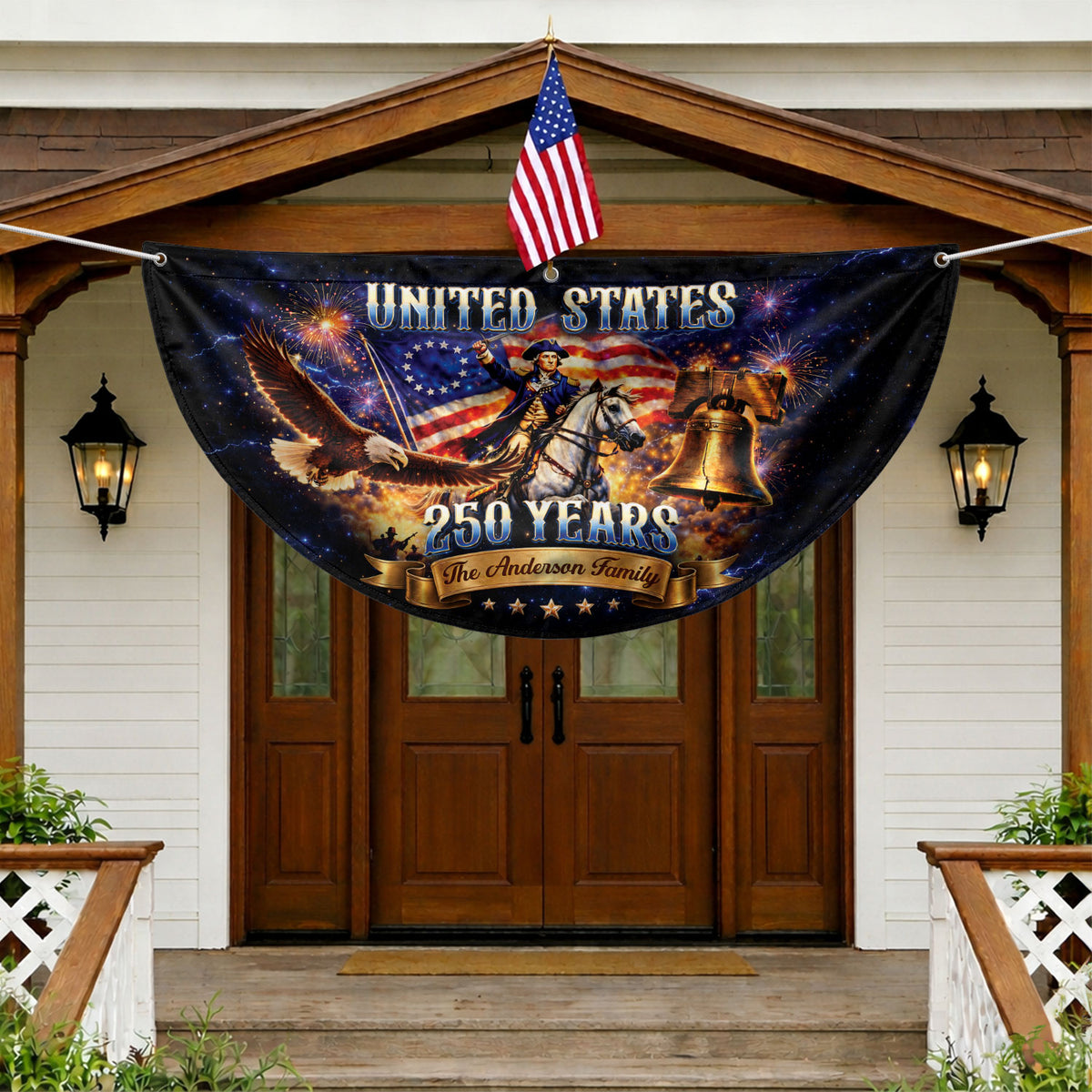 Custom Family Name United States 250 Years George Washington Patriot Eagle Fence Flag - Rust Field Wear