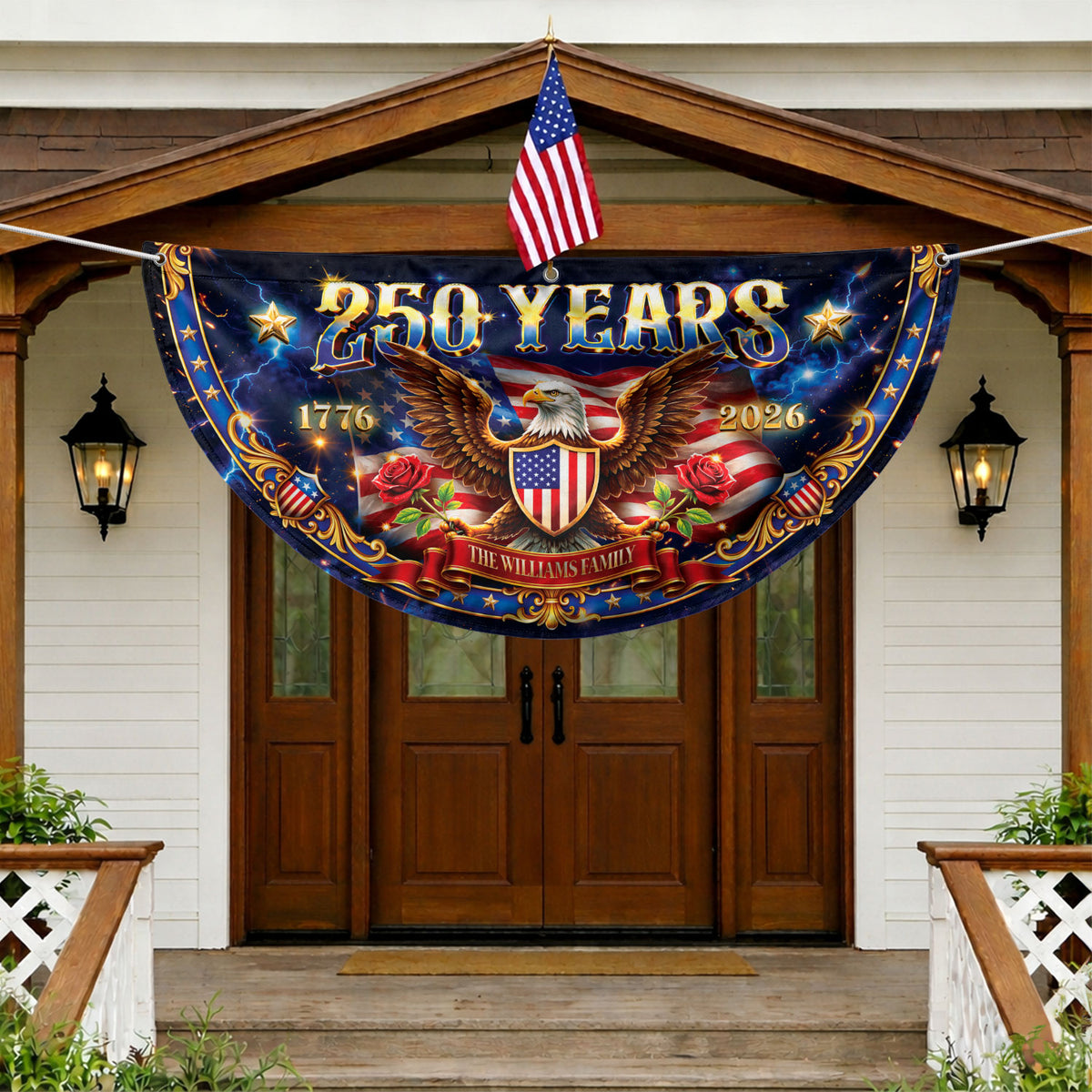 250 Years 1776-2026 Custom Family Name Patriot Eagle Shield Fence Flag Bunting Banner - Rust Field Wear