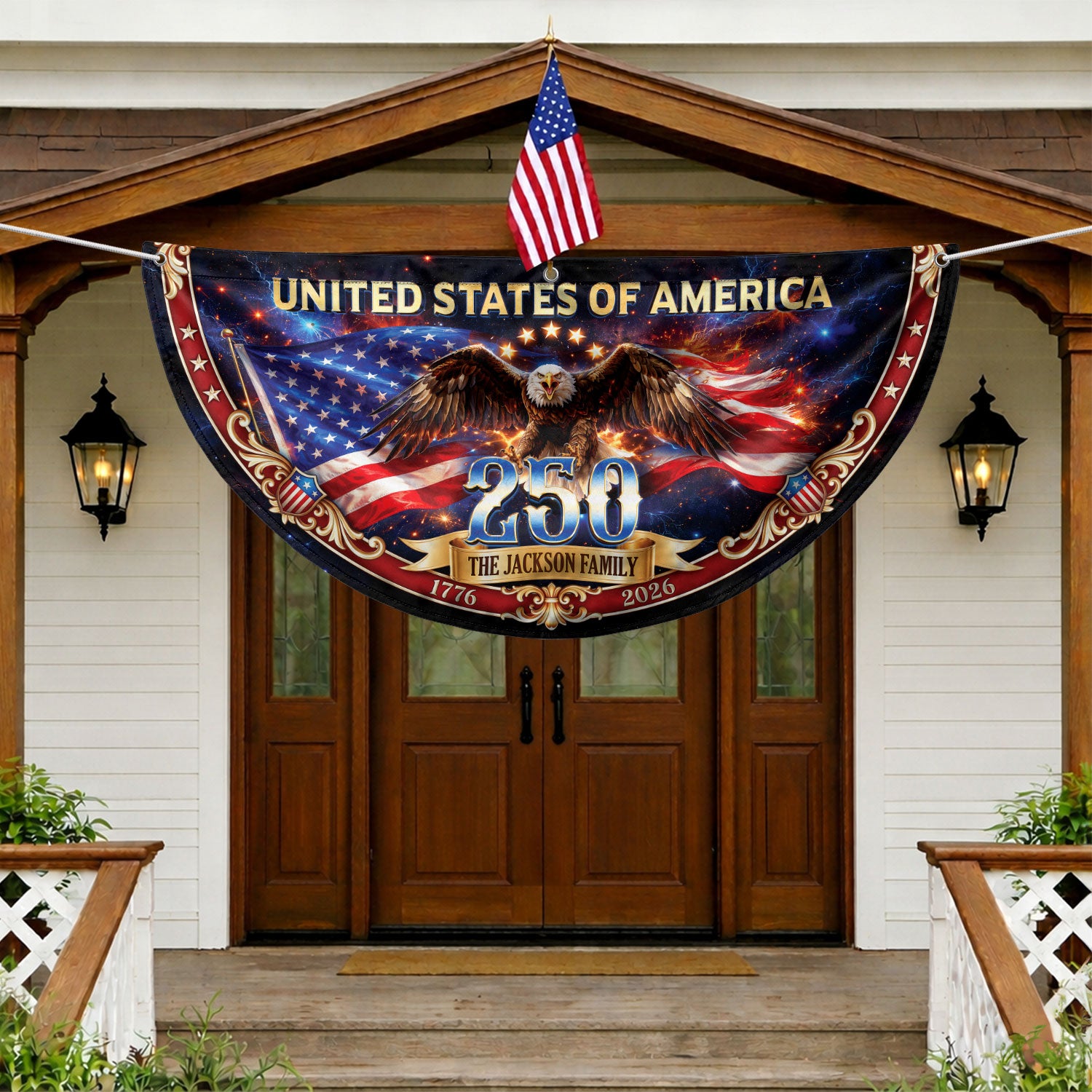 United States 250 Years Custom Family Name Fence Flag - 1776-2026 Patriot Bunting Decor