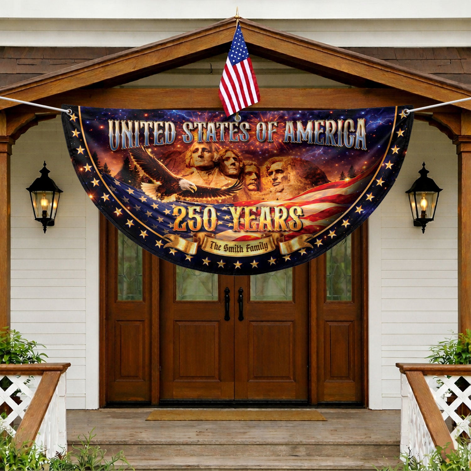 Custom Family Name United States 250 Years Mount Rushmore Patriot Bunting Fence Flag