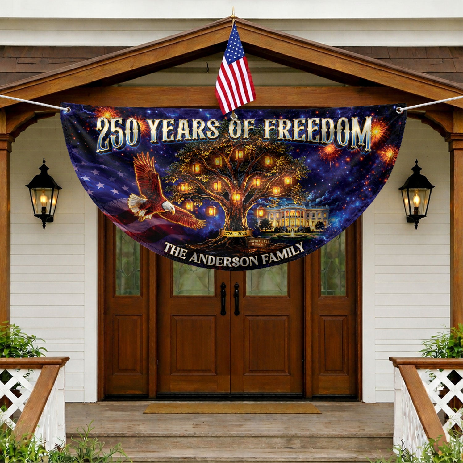 Custom Family Name 250 Years of Freedom Liberty Tree 1776-2026 Patriot Fence Flag Banner