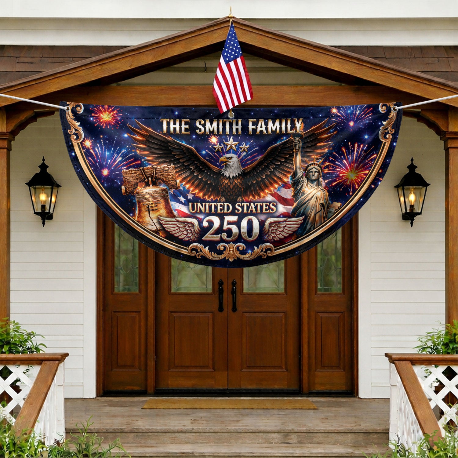 Personalized Family Name 1776-2026 United States Patriot Eagle Statue of Liberty Fence Flag - Rust Field Wear