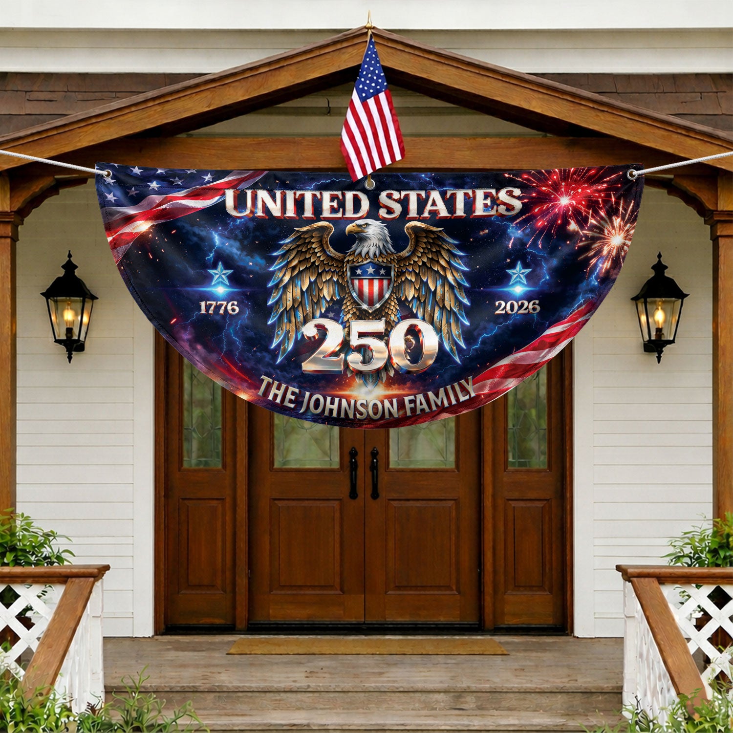 Custom Family Name United States 250 Years Patriot Eagle 1776-2026 Bunting Fence Flag - Rust Field Wear