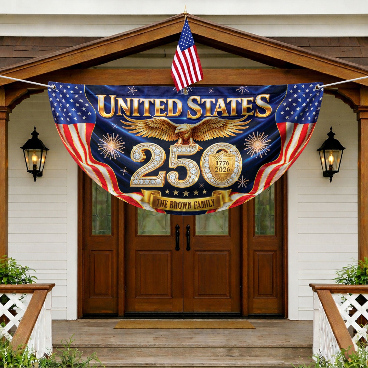 Custom Family Name United States 250 Years Patriot Golden Eagle 1776-2026 Fence Flag - Rust Field Wear