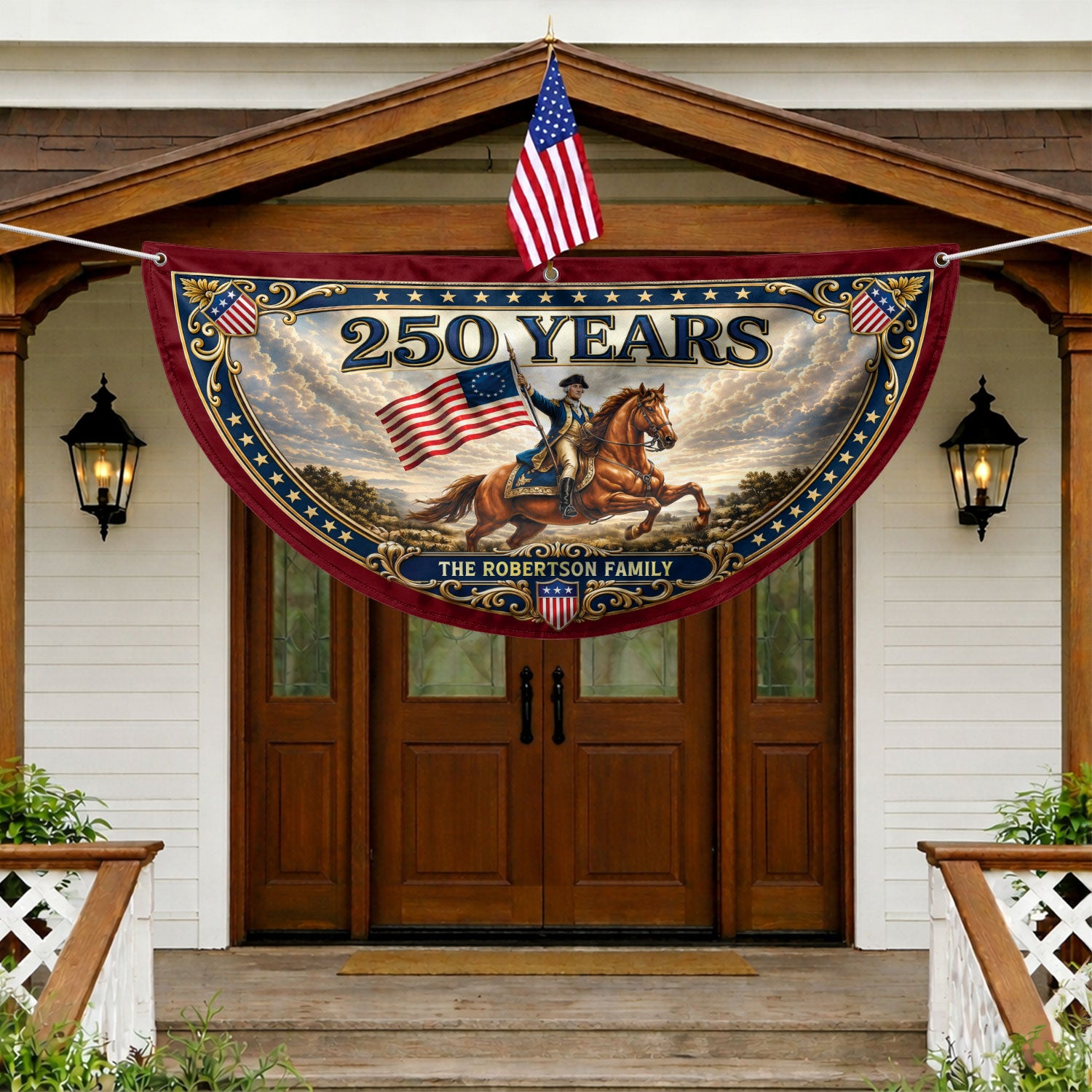 Custom Family Name 250 Years United States George Washington Patriot Bunting Fence Flag - Rust Field Wear