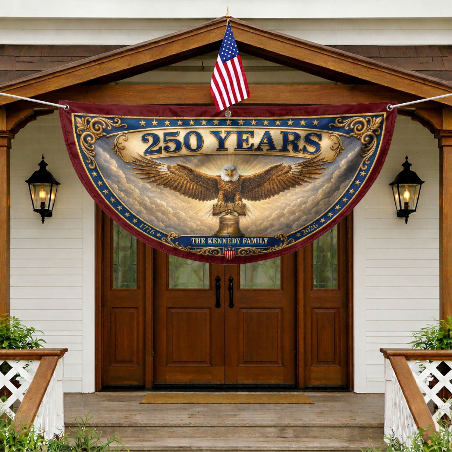 Custom Family Name 250 Years United States Patriot Eagle Liberty Bell Fence Flag - Rust Field Wear