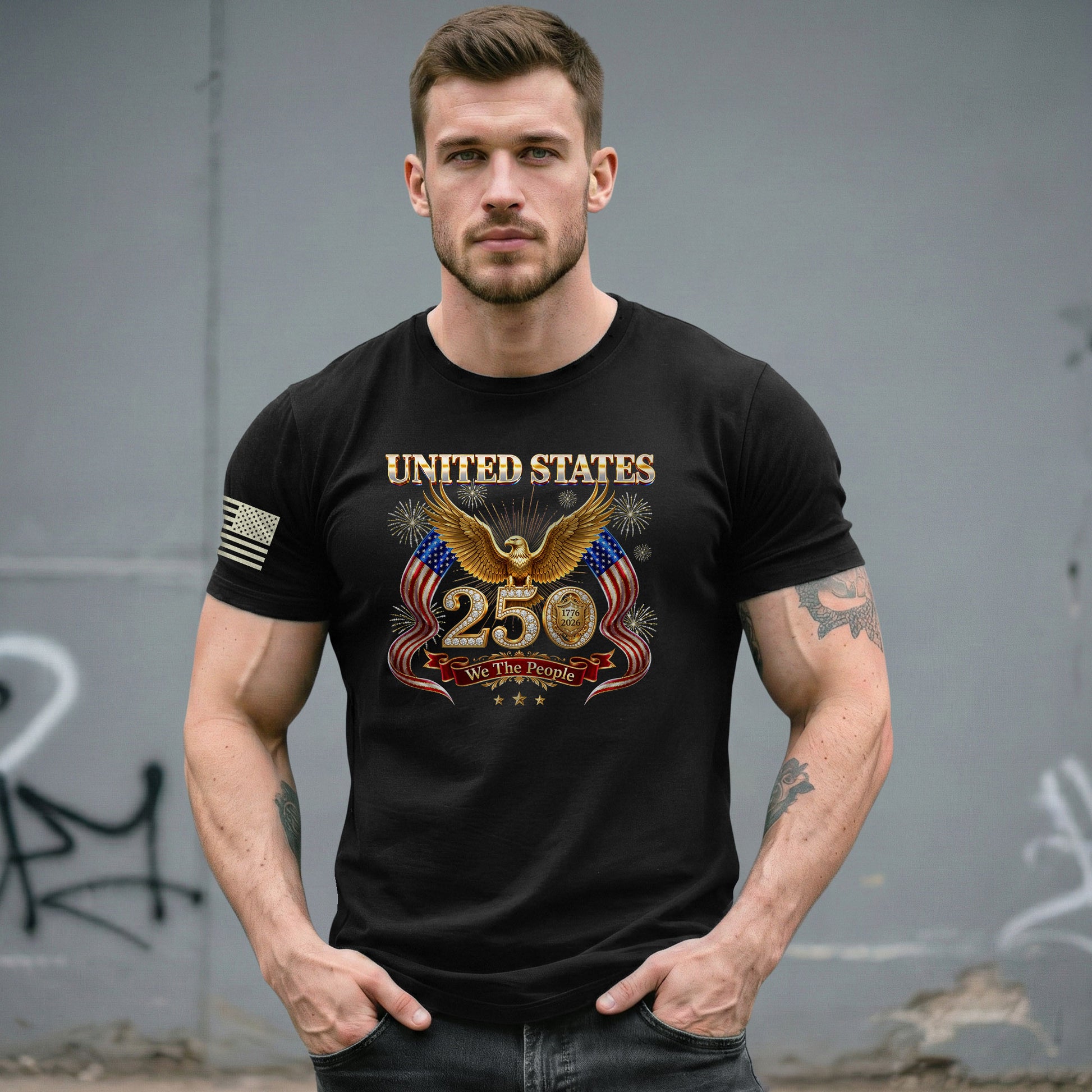 United States 250 Years 1776-2026 T-Shirt - Golden Eagle Patriotic Fireworks Luxury Tee - Rust Field Wear