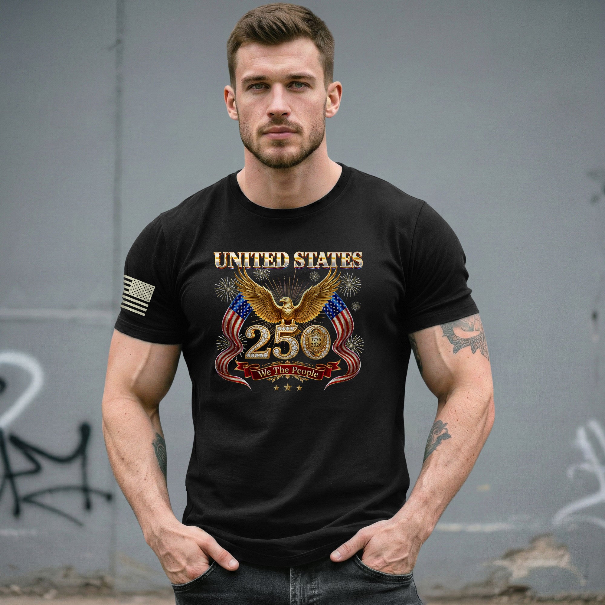 United States 250 Years 1776-2026 T-Shirt - Golden Eagle Patriotic Fireworks Luxury Tee - Rust Field Wear