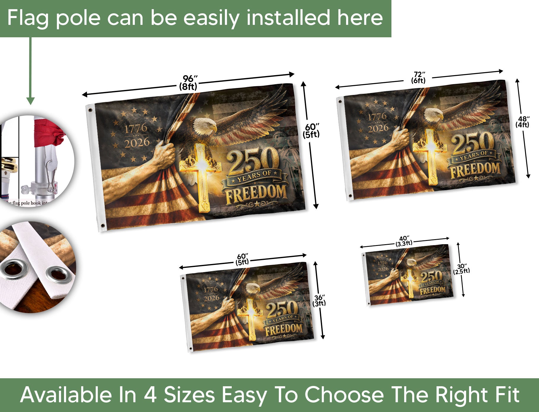 250 Years of Freedom Flag 1776-2026 Patriotic Bald Eagle Cross Liberty US Banner - Rust Field Wear