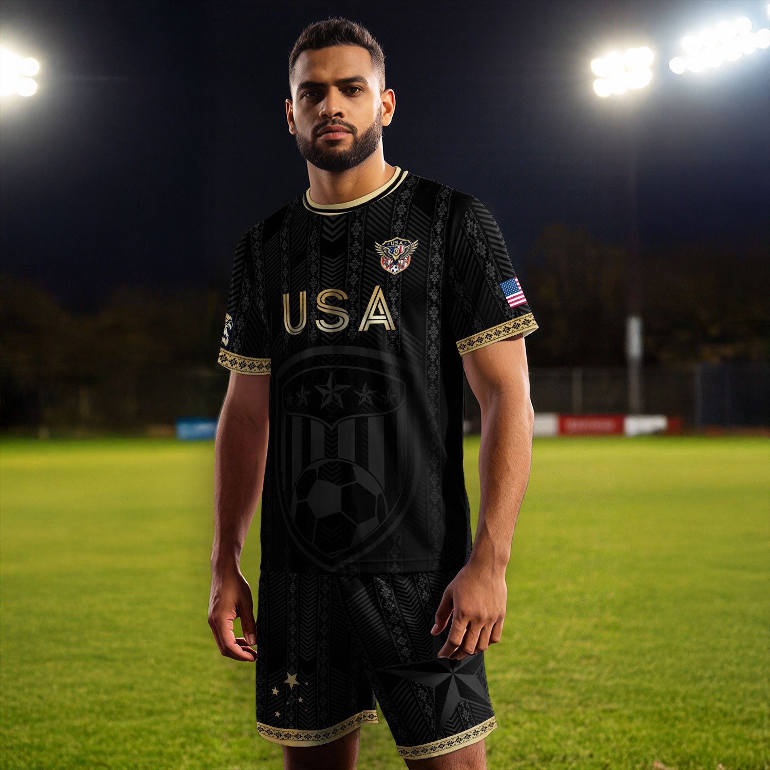 USA Soccer Jersey Patriotic American Eagle Black Gold Shield Football Shirt Men Women Gear