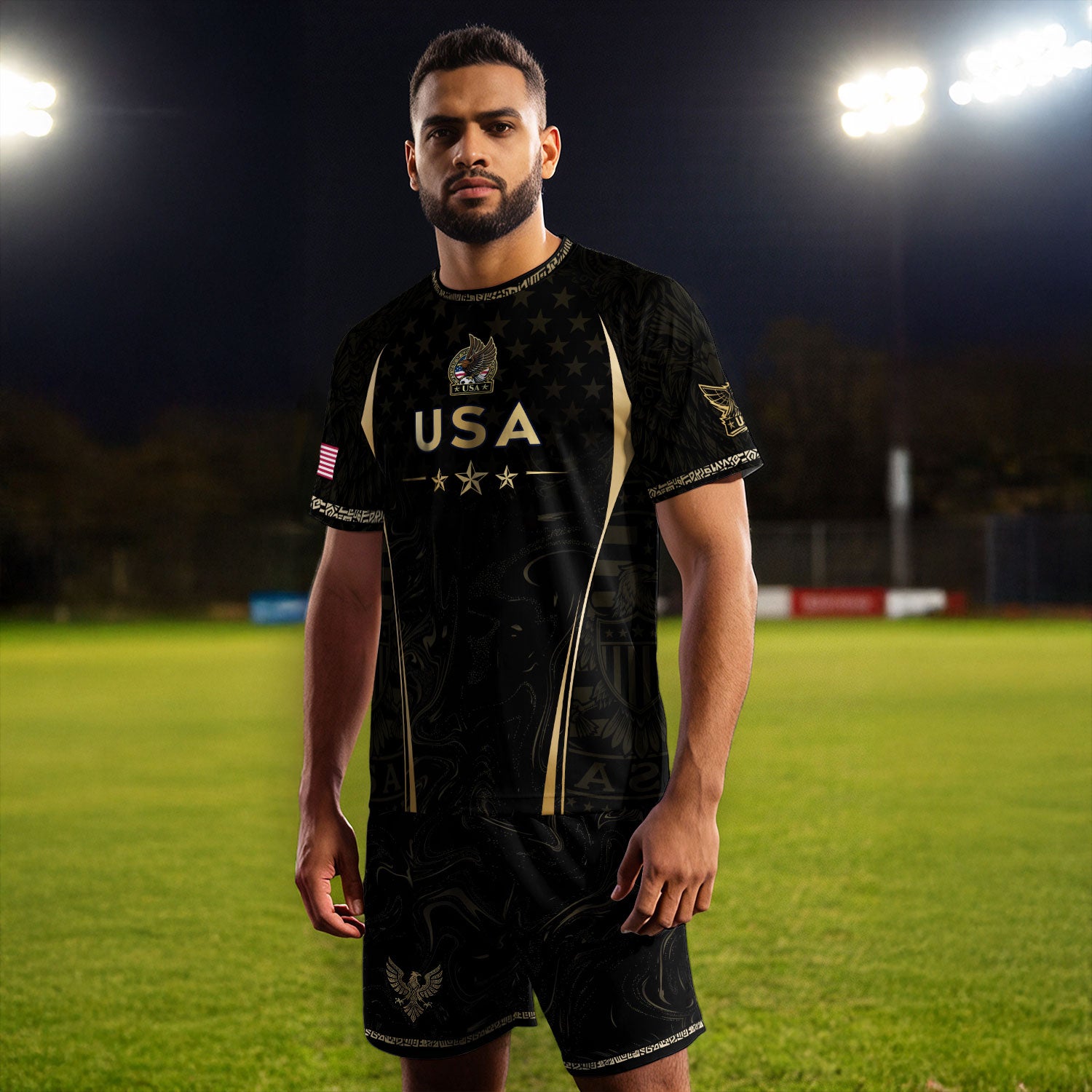 USA Soccer Jersey Patriotic Eagle Black Gold Marble Football Shirt Men Women Sportswear