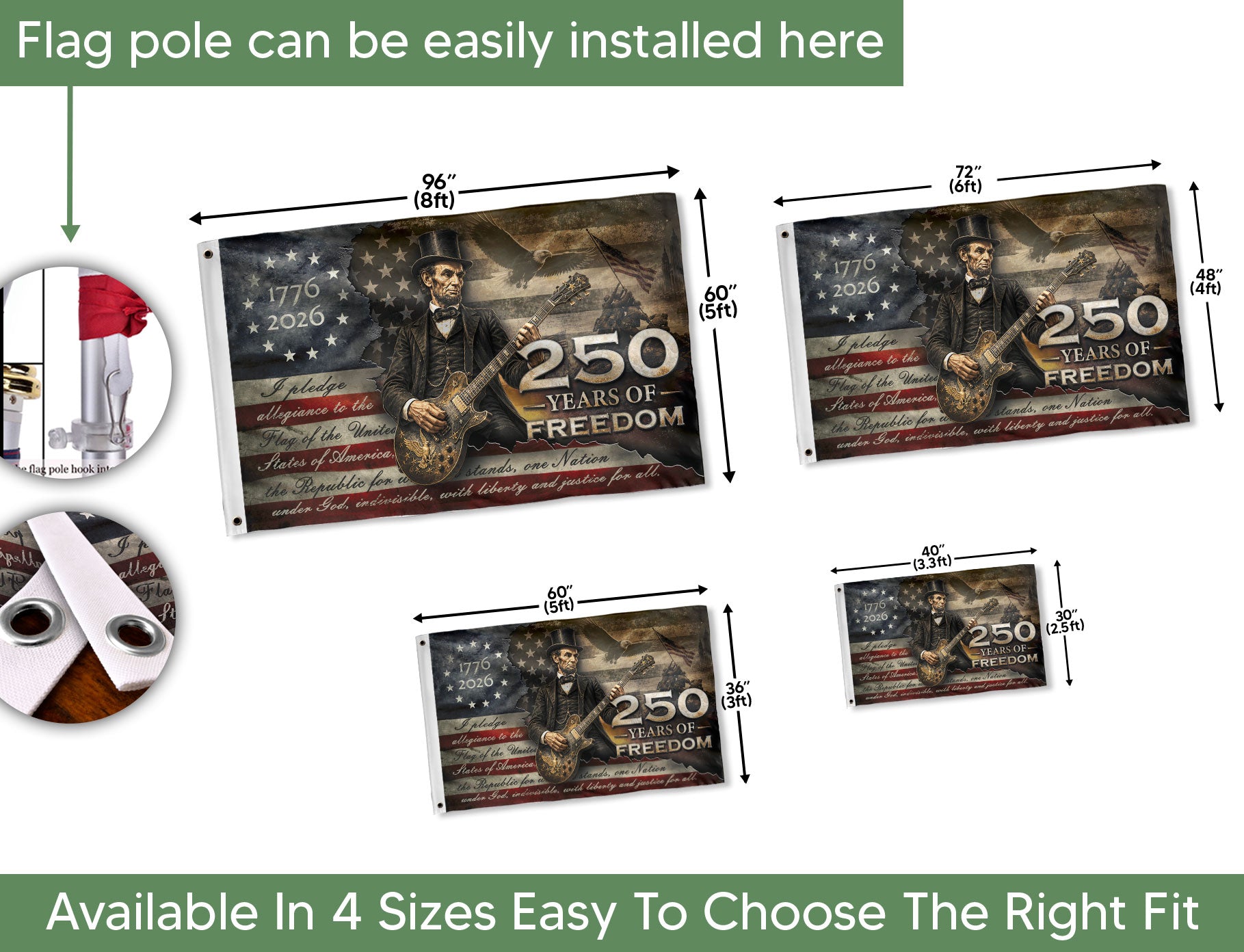 250 Years of Freedom Flag 1776-2026 Abraham Lincoln Guitar Eagle Patriotic US Banner - Rust Field Wear