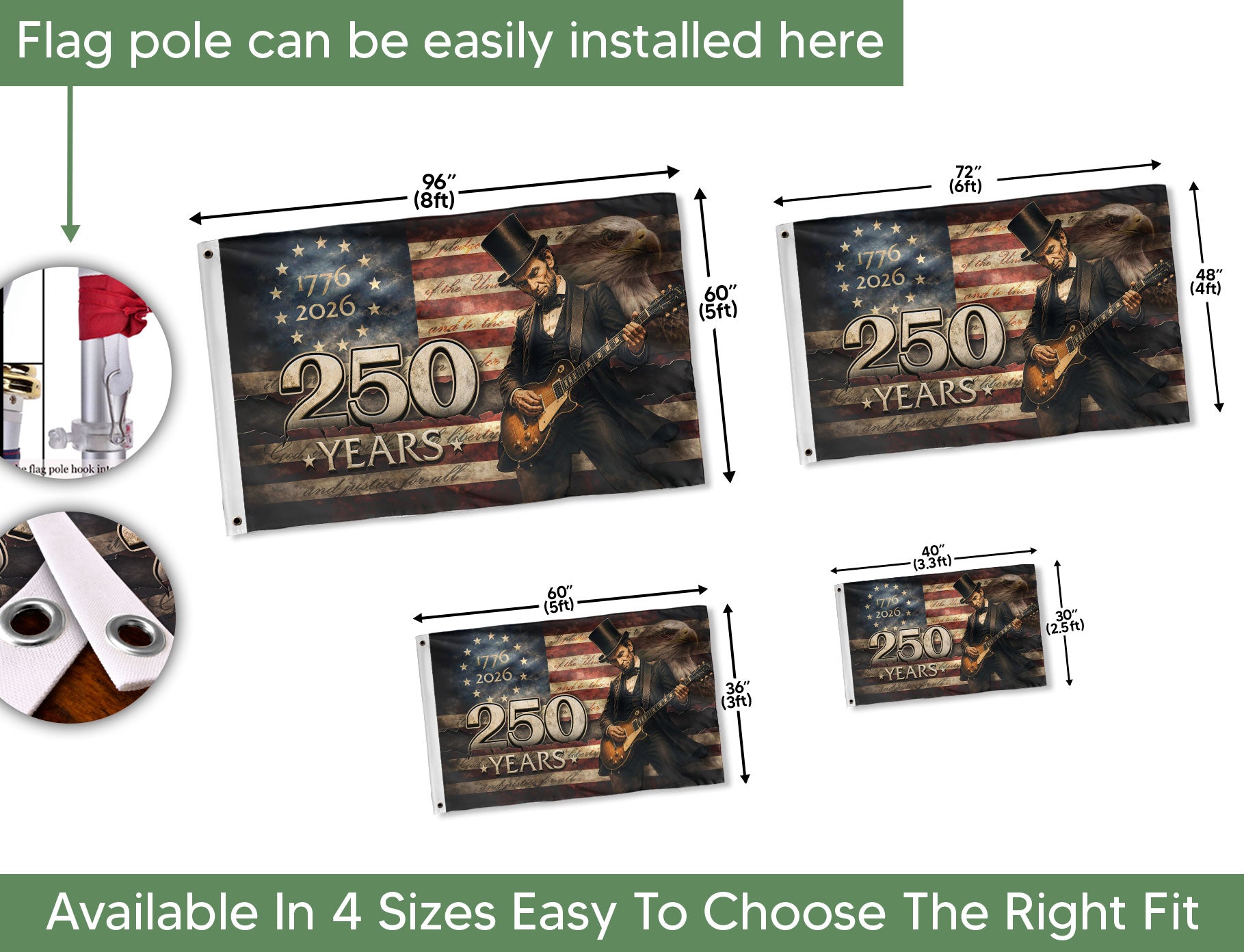 Patriotic 250 Years of Freedom Flag 1776-2026 Abraham Lincoln Guitar Bald Eagle US Banner - Rust Field Wear