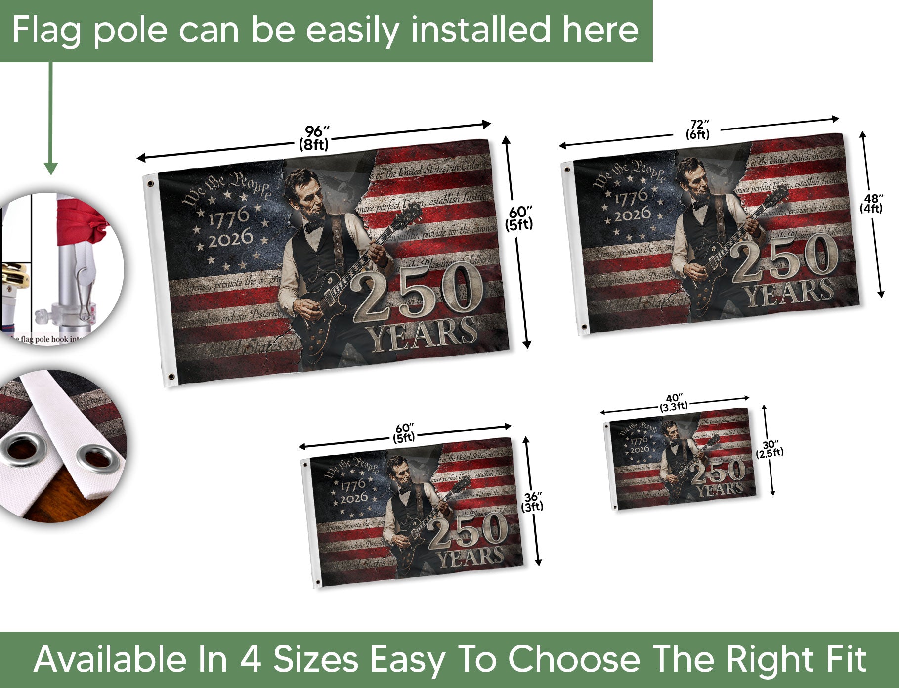 250 Years of Freedom Flag 1776-2026 Abraham Lincoln Guitar Patriotic US Banner We the People Decor - Rust Field Wear