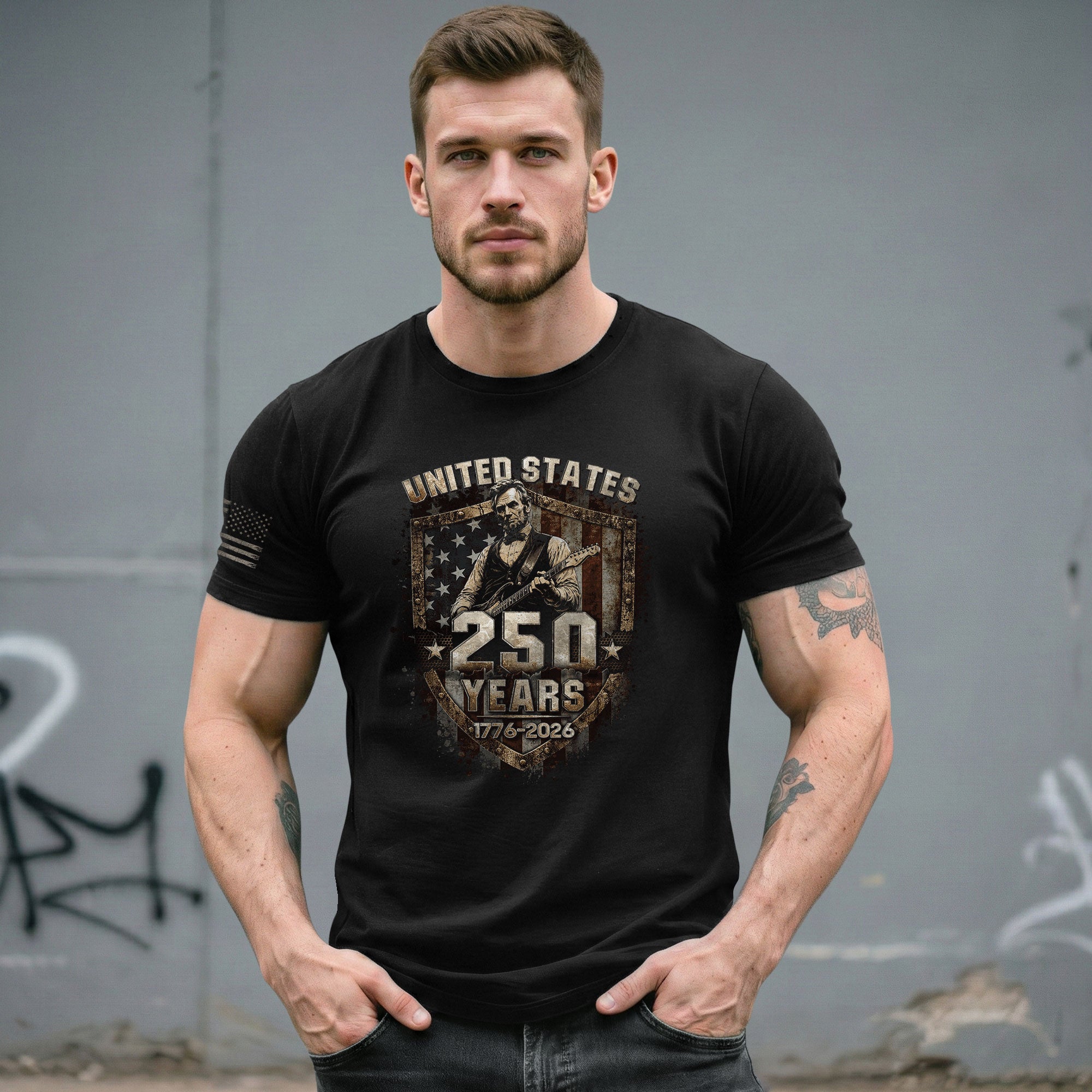 Rustic Shield Lincoln Guitar Shirt Vintage 1776 2026 US Flag Patriotic Grunge Men Tee - Rust Field Wear