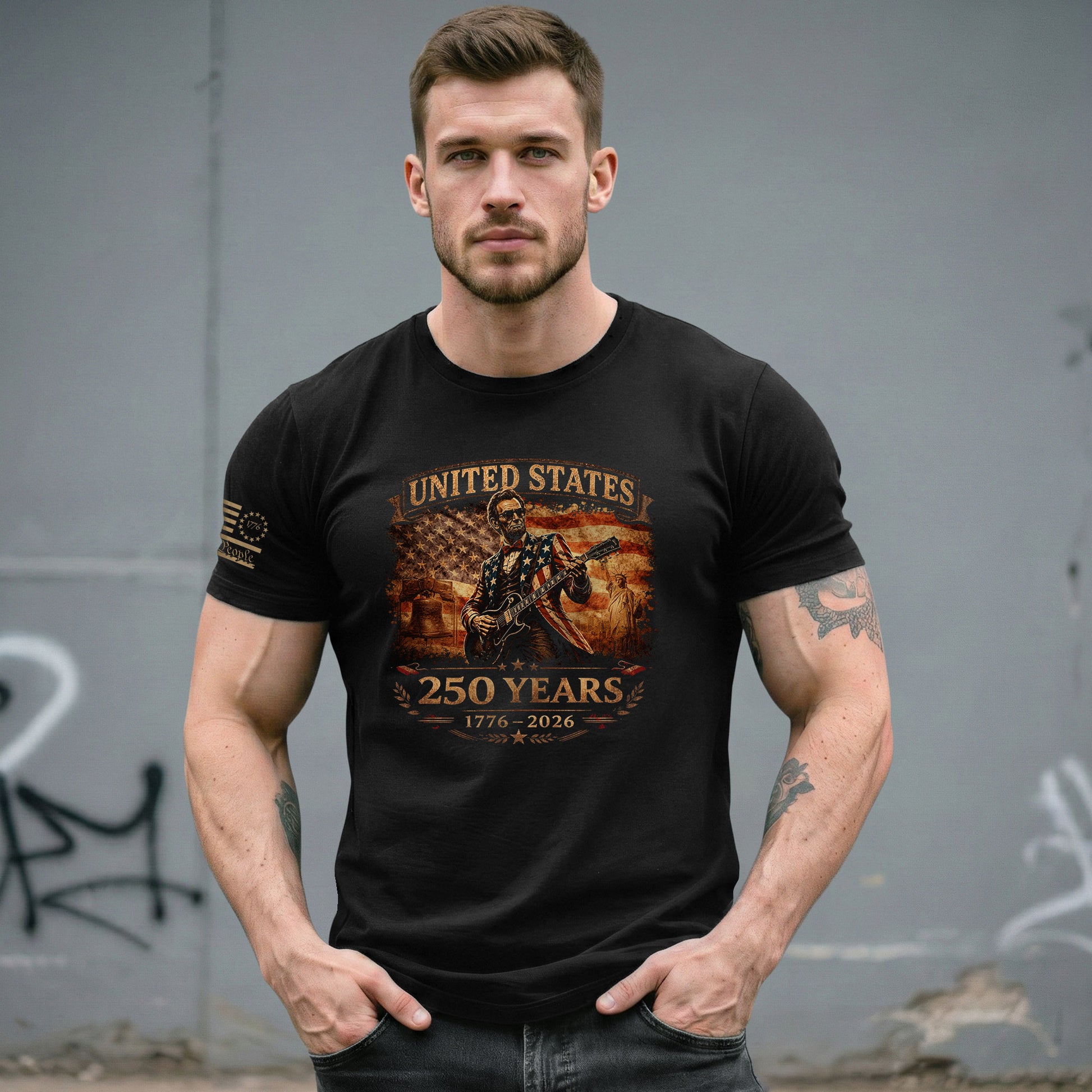 Flag Jacket Lincoln Guitar Shirt Sunglasses Liberty Bell Patriotic 1776 2026 Men Tee - Rust Field Wear