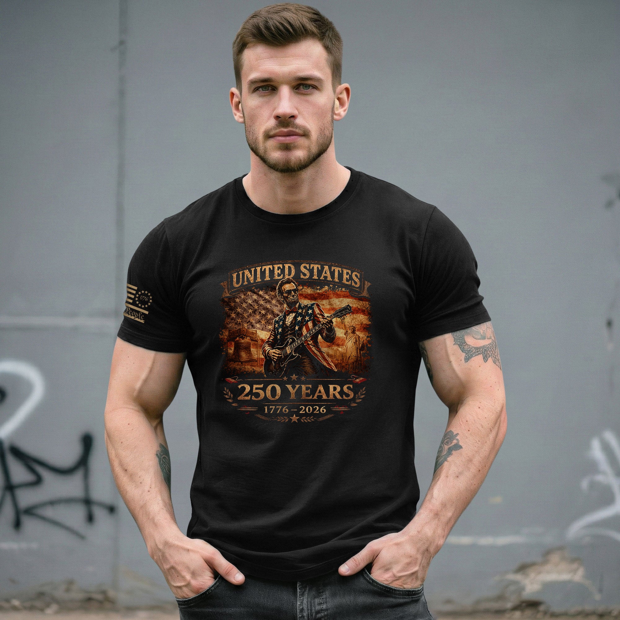 Flag Jacket Lincoln Guitar Shirt Sunglasses Liberty Bell Patriotic 1776 2026 Men Tee - Rust Field Wear