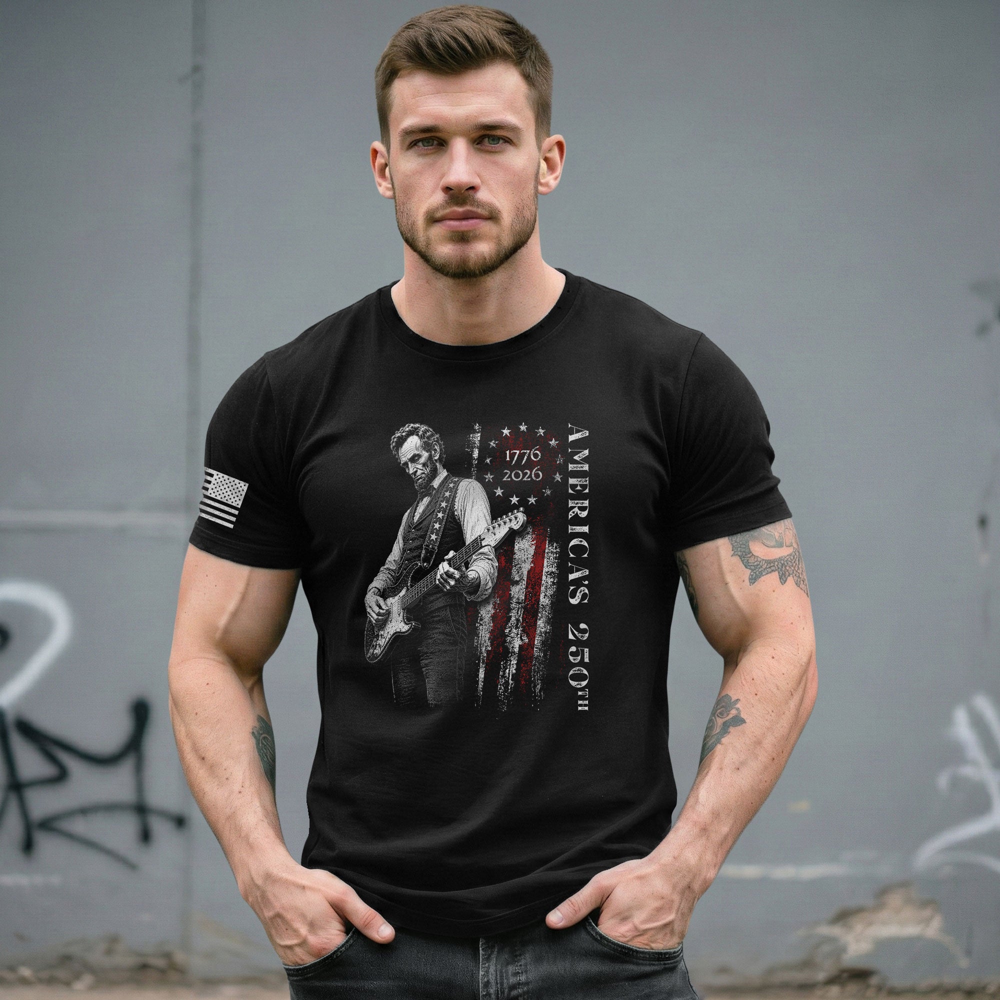 Betsy Ross Flag Abraham Lincoln Guitar Shirt Vintage 1776 2026 Patriotic USA T-Shirt - Rust Field Wear