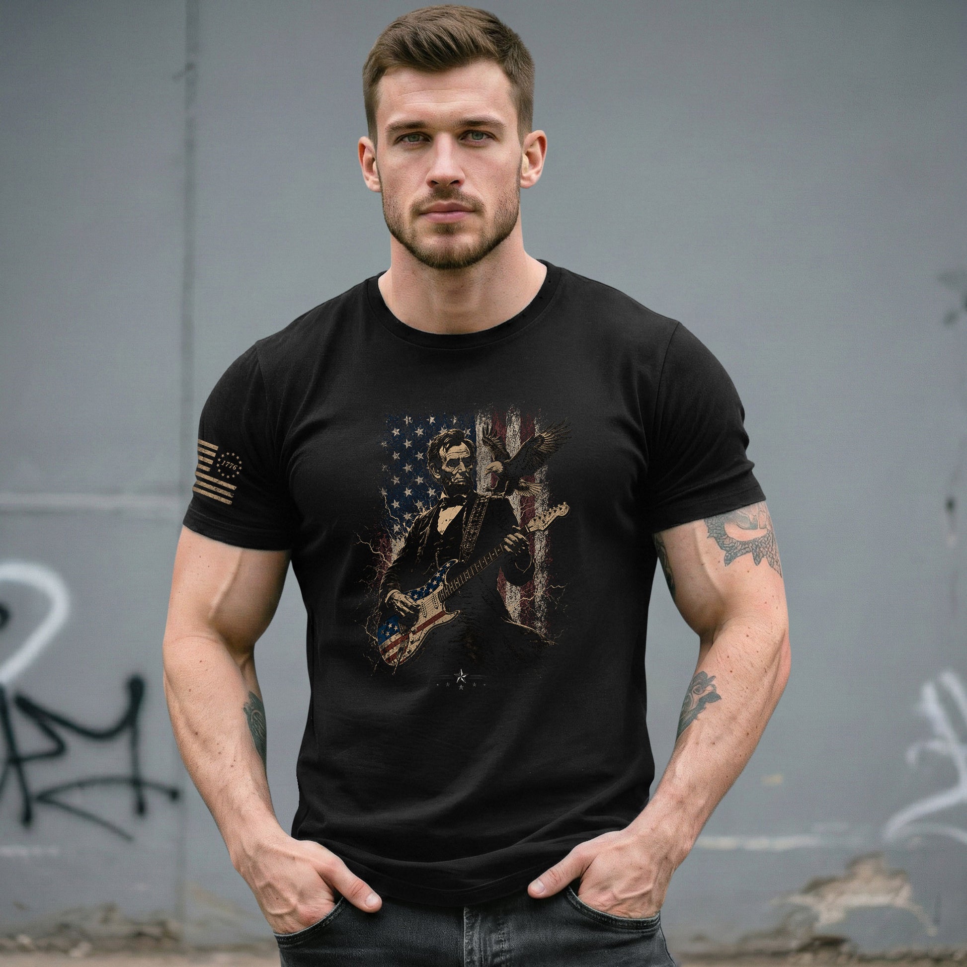 Abraham Lincoln Playing Guitar Shirt Patriotic Eagle US Flag Graphic Tee - Rust Field Wear