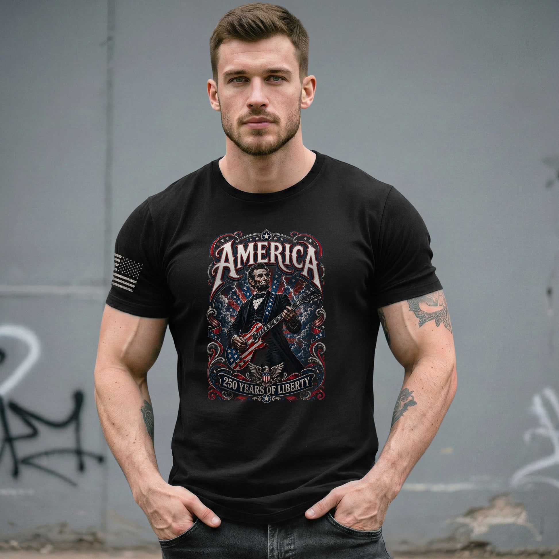 America 250 Years of Liberty Shirt Patriotic Guitar USA Vintage Freedom Tee - Rust Field Wear