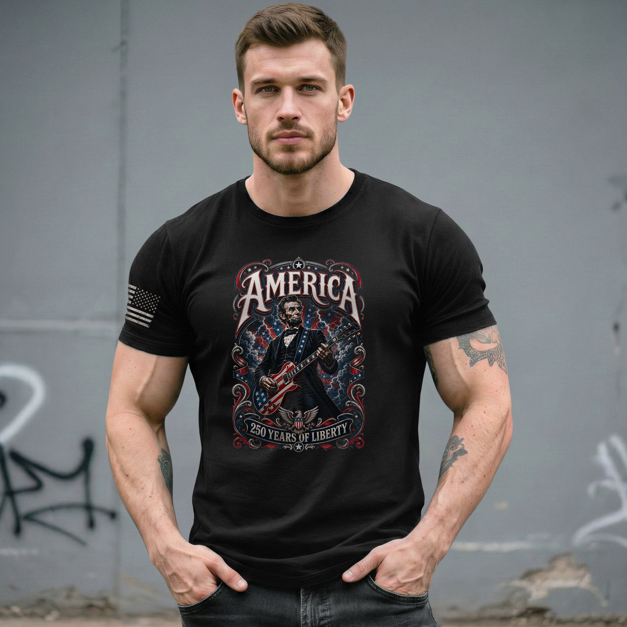 America 250 Years of Liberty Shirt Patriotic Guitar USA Vintage Freedom Tee - Rust Field Wear