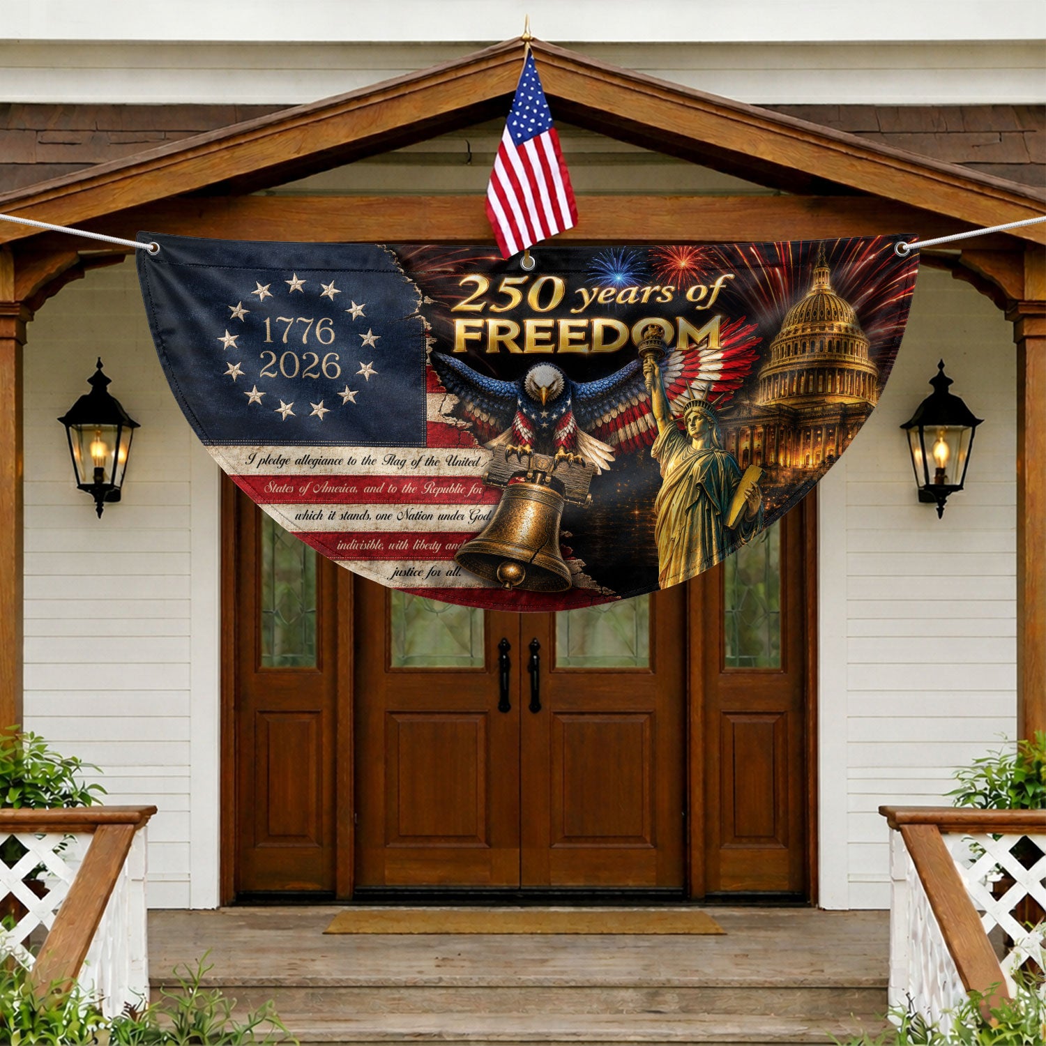250th Anniversary US Fence Flag 1776-2026 Patriotic US Capitol Statue of Liberty Banner