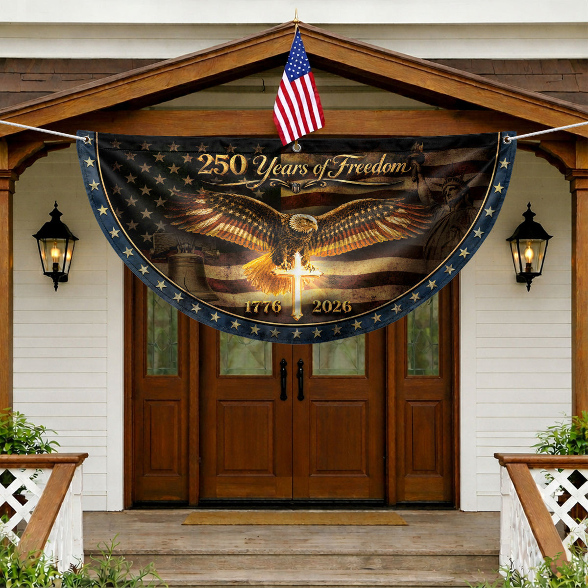 250 Years of Freedom Fence Flag 1776 2026 American Eagle Cross Patriotic Bunting Banner - Rust Field Wear