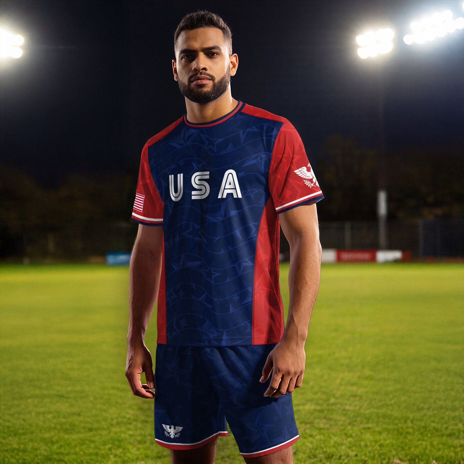 Navy Orange USA Soccer Jersey Men Patriotic Stars Stripes American Football Shirt Fan Gear