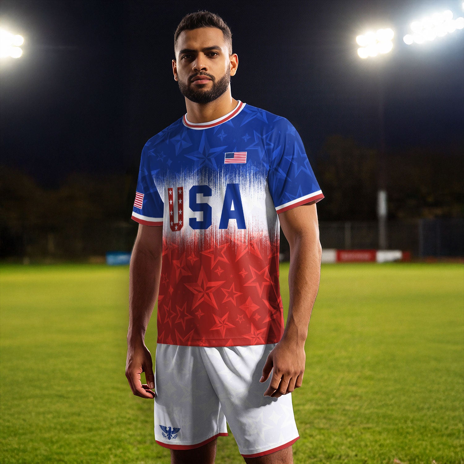 Navy Orange USA Soccer Jersey Patriotic Stars Stripes American Football Shirt Fan Apparel Tee