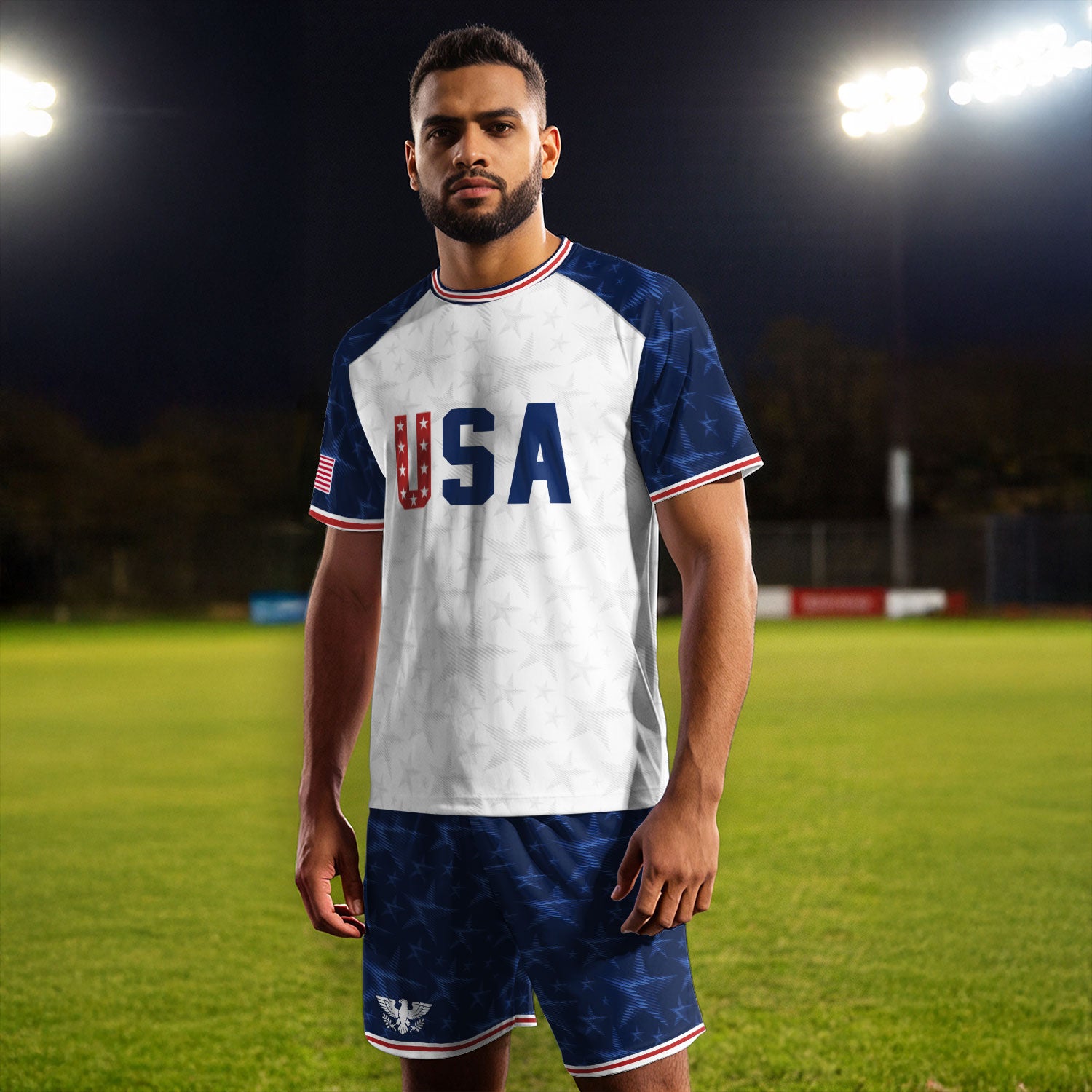 White USA Soccer Jersey Raglan American Flag Shirt Patriotic Eagle Crest Soccer Fan Tee