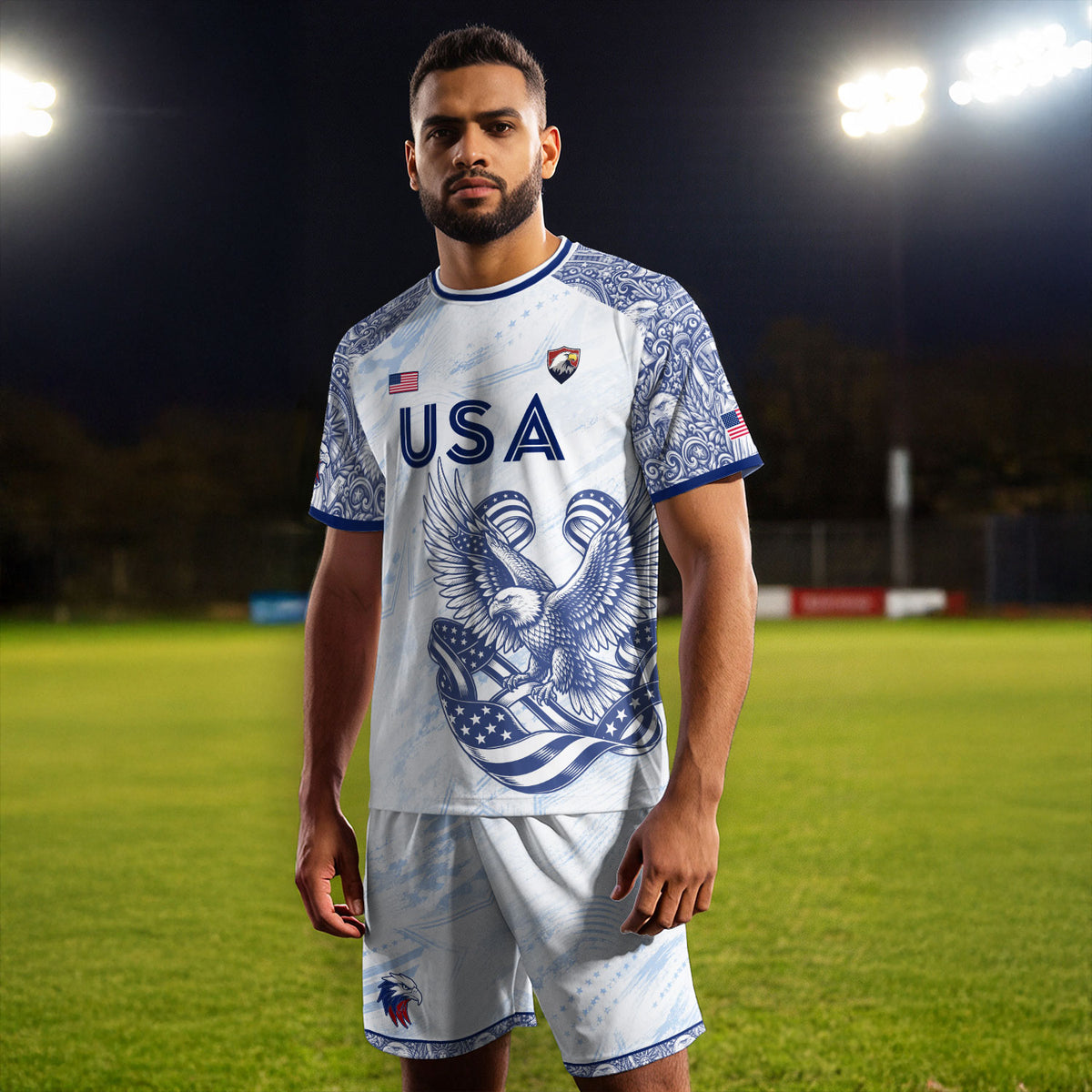 Athletic White Blue USA Soccer Jersey Adult Patriotic Eagle United States Team Shirt - Rust Field Wear
