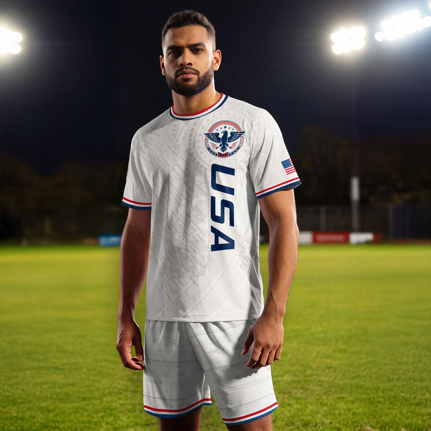USA Soccer Jersey White US Map American Flag Shirt Patriotic Eagle Soccer Fan Tee
