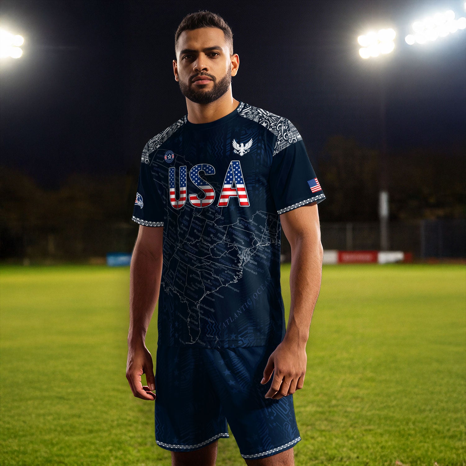 Navy USA Soccer Jersey Flag Pattern US Map American Shirt Patriotic Stars Stripes