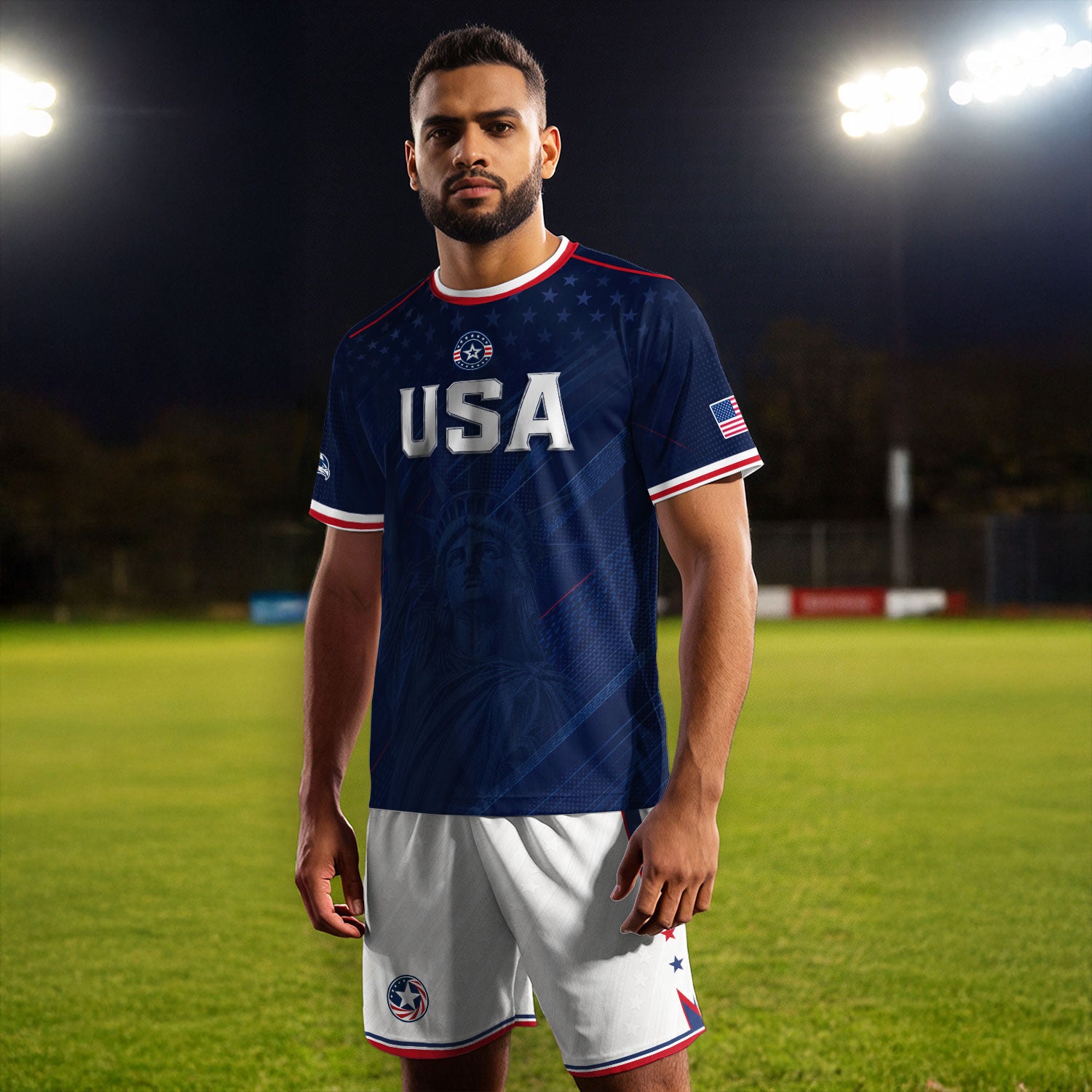 Navy USA Soccer Jersey Men Patriotic United States Football Shirt Silver USA Text Gift