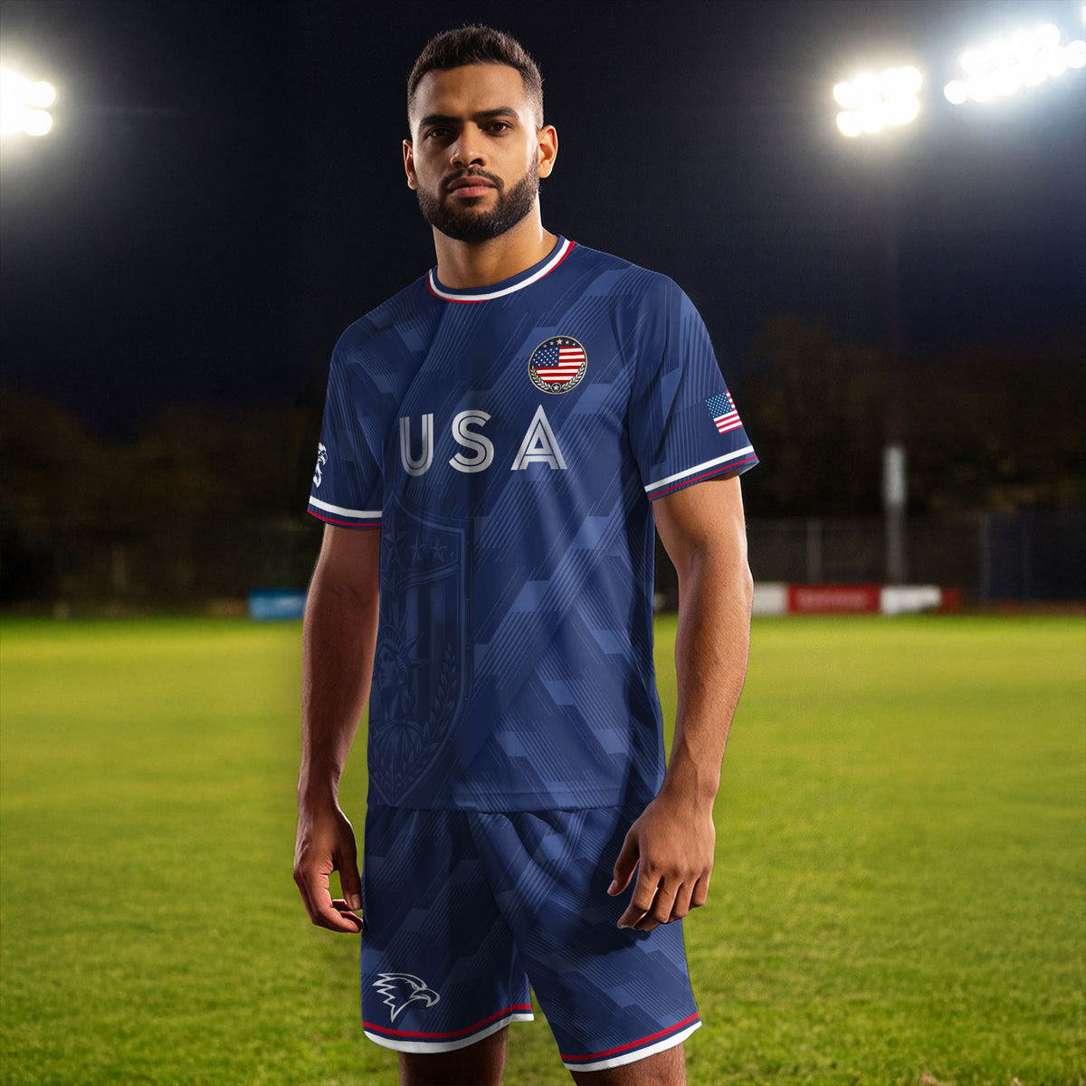 Navy Blue USA Soccer Jersey Patriotic Eagle Graphic Football Shirt for Men American Pride Sports Fan Apparel - Rust Field Wear