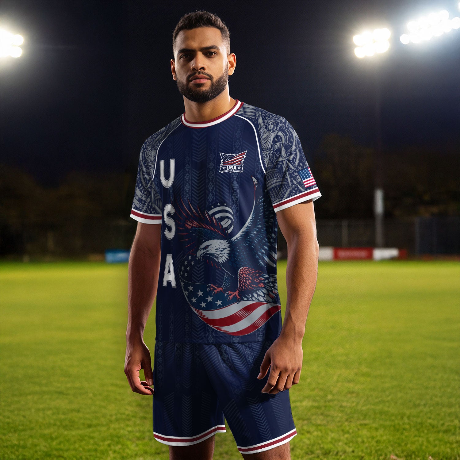 Navy Blue USA Soccer Jersey Bald Eagle Football Shirt Patriotic American Flag Sports Fan Apparel for Men