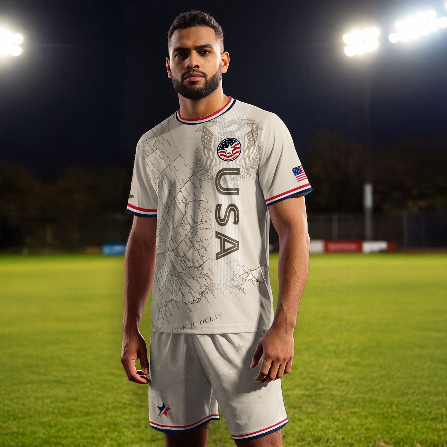 USA Soccer Jersey Navy Vintage US Map American Flag Shirt Patriotic Beige Soccer Fan