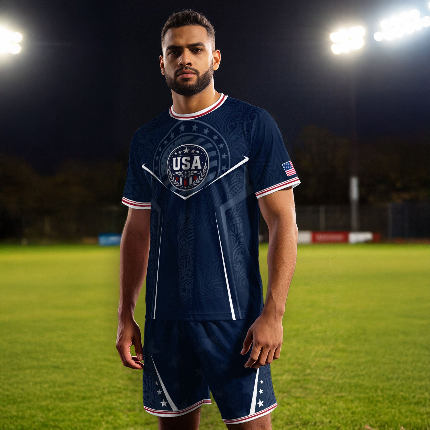 USA Soccer Jersey Navy Blue American Flag Shirt Patriotic Eagle Shield Fan Tee