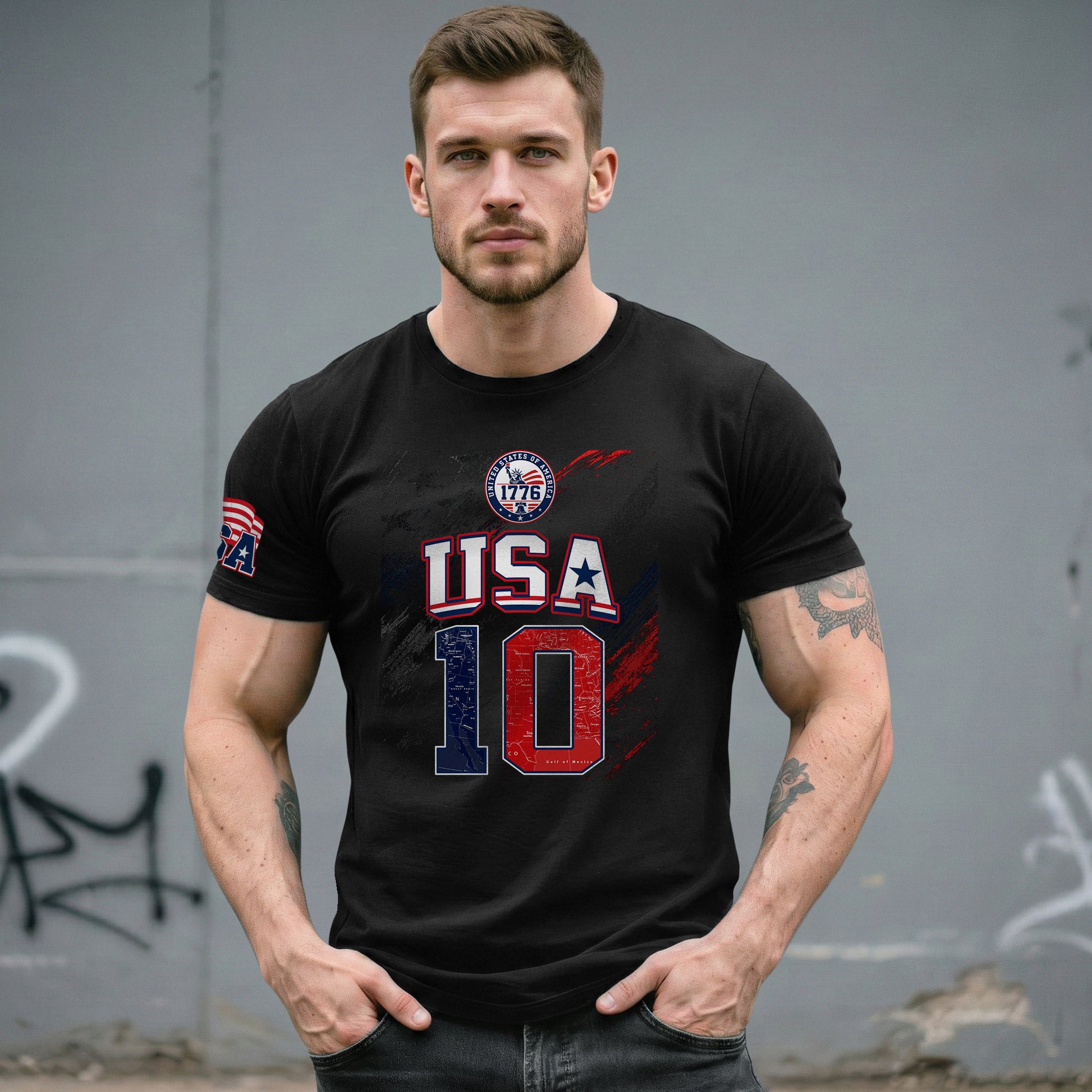 USA 1776 Sport Graphic Tee Patriotic Number 10 Map Design Casual Short Sleeve Shirt - Rust Field Wear