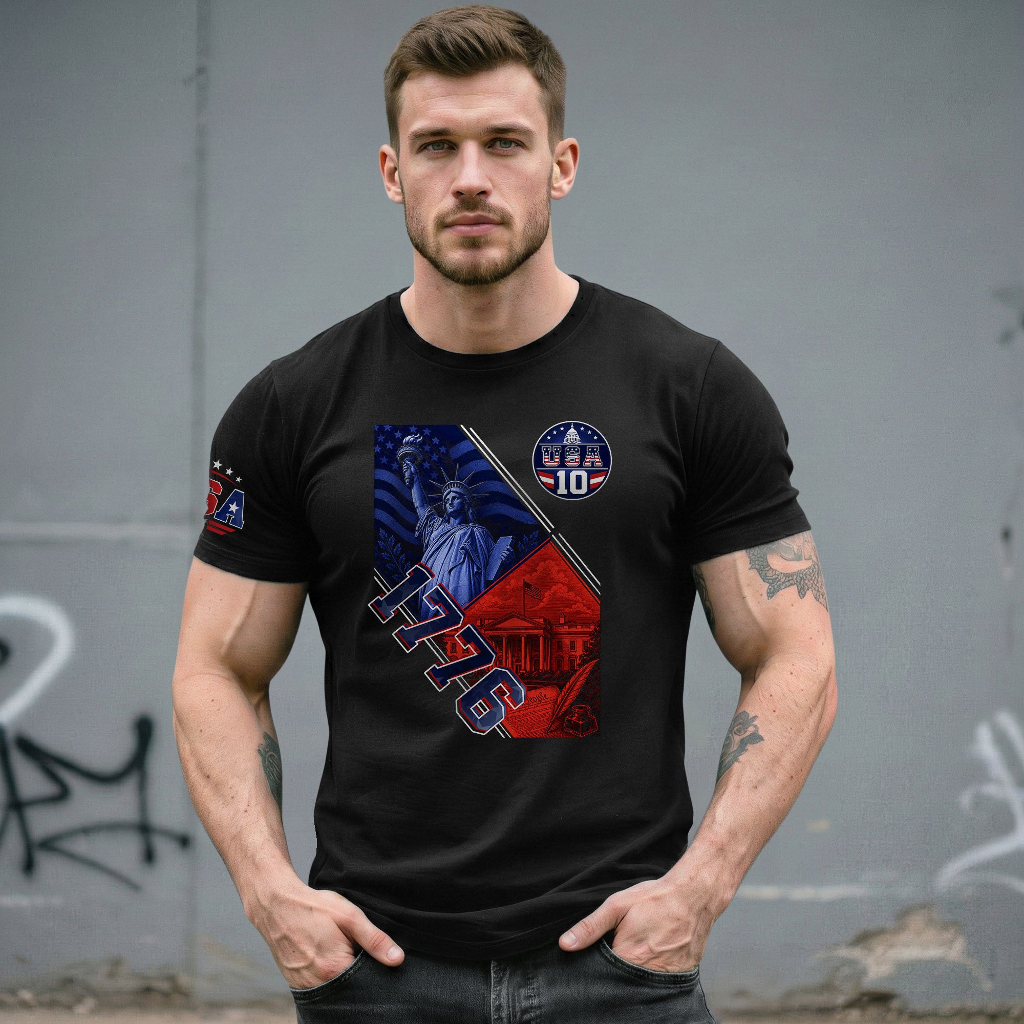 USA 1776 Sport Graphic Tee Patriotic Number 10 Statue Of Liberty Heritage Style Shirt - Rust Field Wear