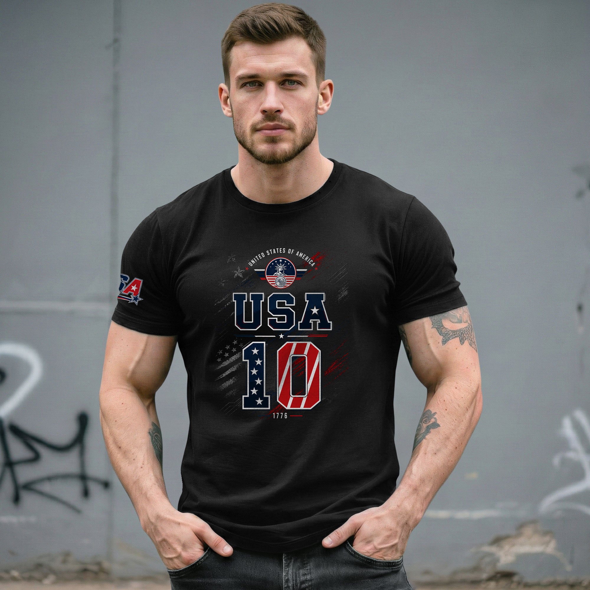USA 1776 Sport Shirt Patriotic Number 10 Design American Heritage Graphic Tee Top - Rust Field Wear