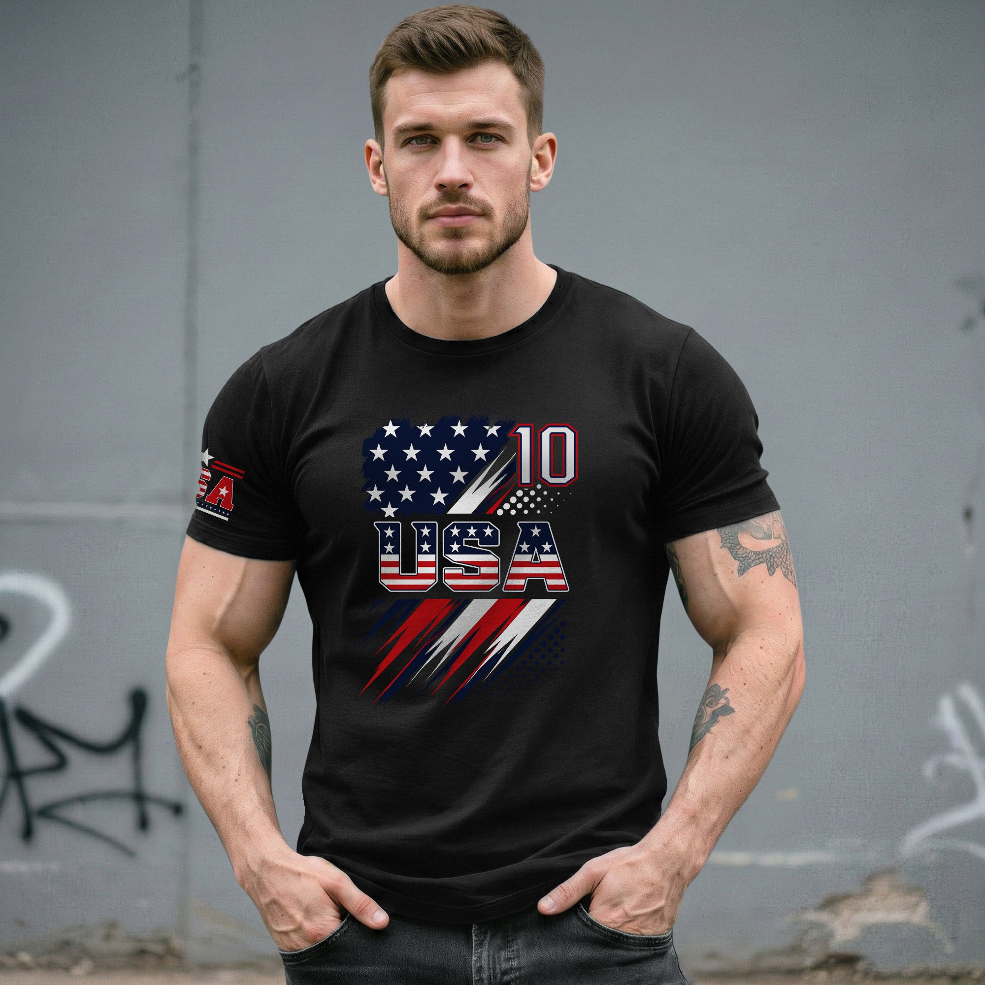 USA Number 10 Sport Tee Patriotic Stars And Stripes Graphic Mens Casual Fashion Shirt - Rust Field Wear