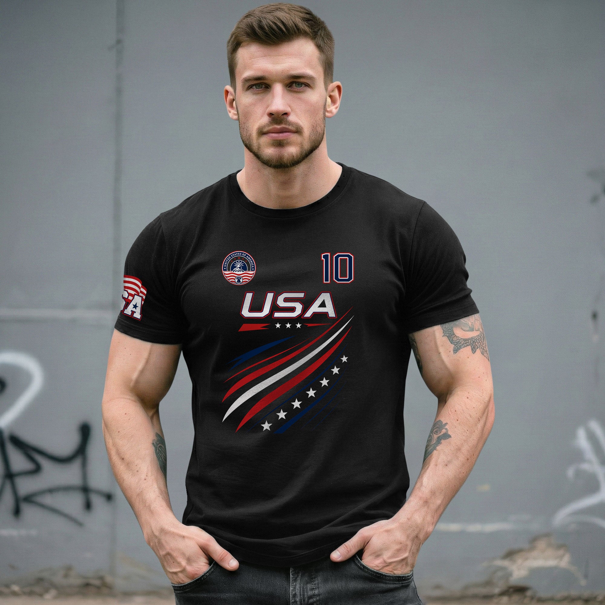 Patriotic USA Sport Graphic T Shirt Number 10 Flag Inspired Casual Mens Fashion - Rust Field Wear