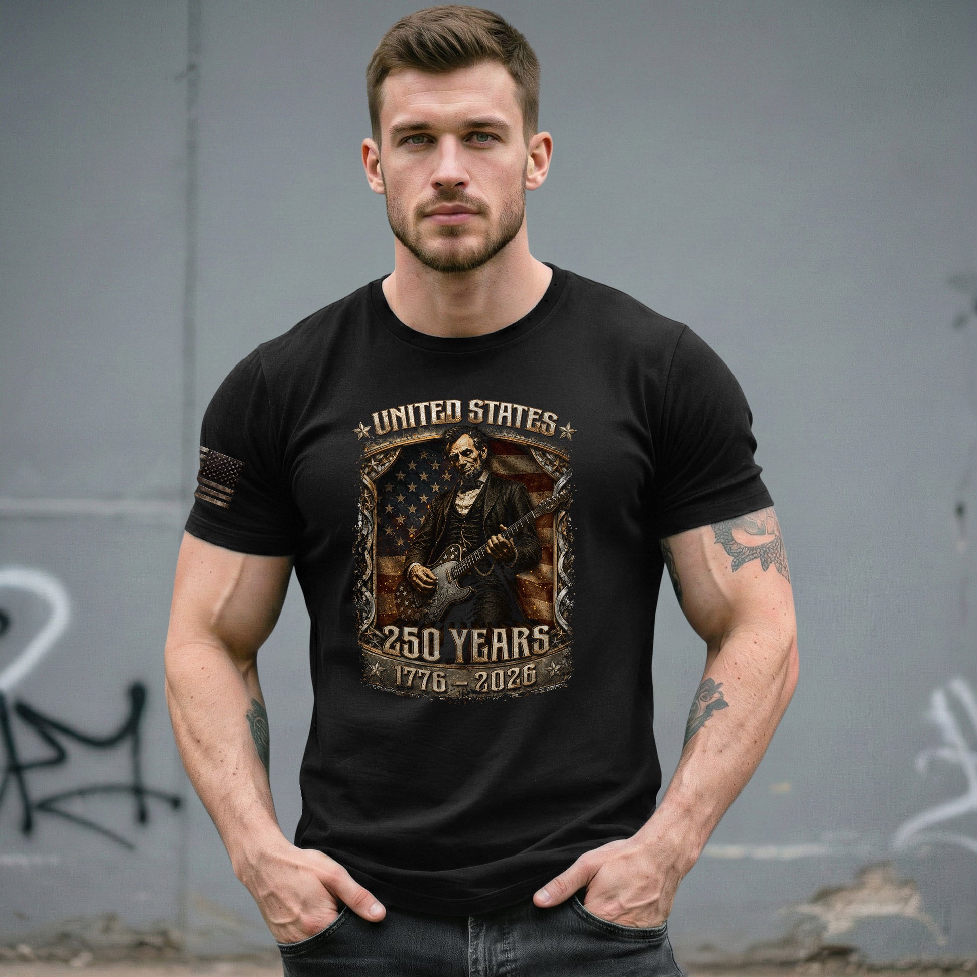 Abraham Lincoln T-Shirt Playing Guitar 1776 2026 Patriotic US Flag Retro Graphic Tee - Rust Field Wear